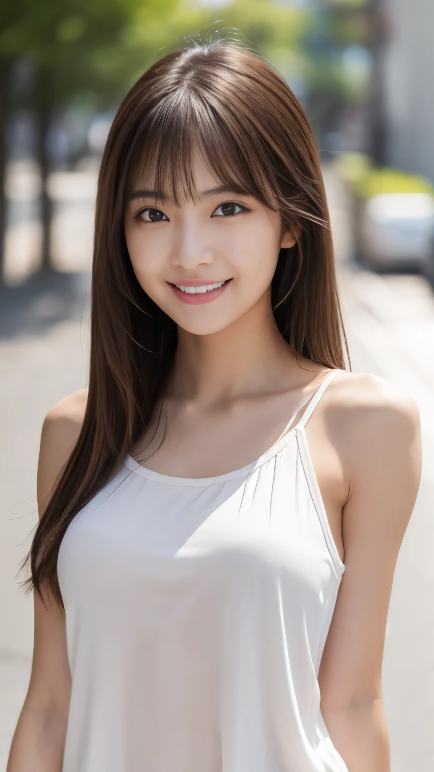 masterpiece, best quality, ultra high res, ultra detailed, sharp focus, 1girl, solo, a stunning pretty and beautiful Japanese sexy model, 19yo, looking at viewer:1.3, (bright smile:0.6), wearing a (blouse), dusk, sunset, night, realistic, slender, (standing:1.1), (looking at the viewer:1.3), sexy gaze, blush, (upper body shot:1.6), medium hair, messy hair, asymmetrical bangs, light brown hair, messy hair style, ((Pure white tank top、Hands behind head、smile:1.5、Clothes are see-through))