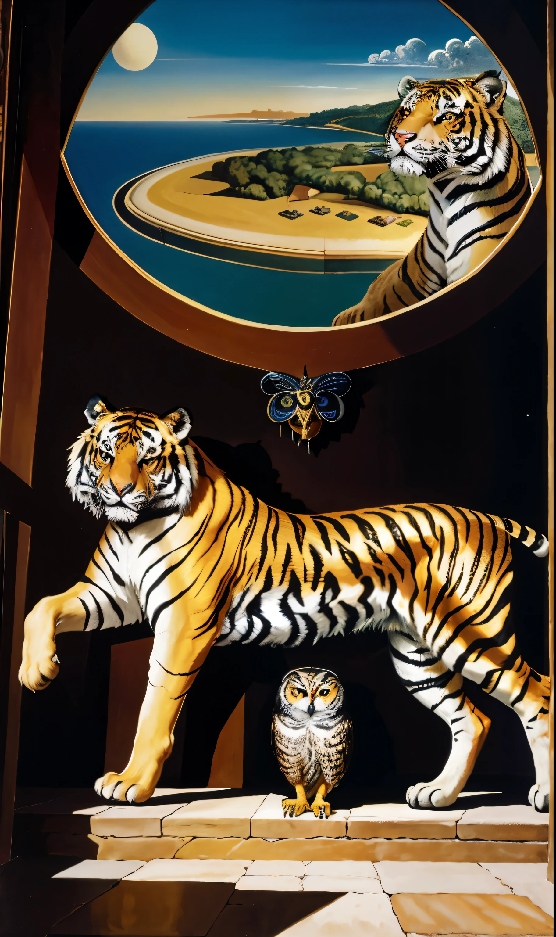 panting of a tiger and an owl, surrealist style, surrealist artwrok, Salvador Dali, UHD, masterpiece, HD