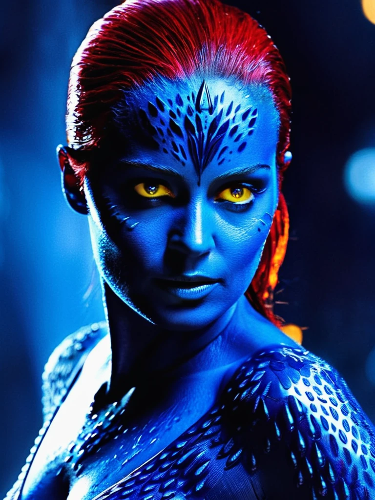 Mystique X-Men Movie Stills, Sleek wet hair red, Yellow eyes, Blue Skin, Full body portrait, Shallow and deep, Very detailed, Bokeh, Widescreen movies, Moody, epic, Gorgeous, Film Grain, Granular,  