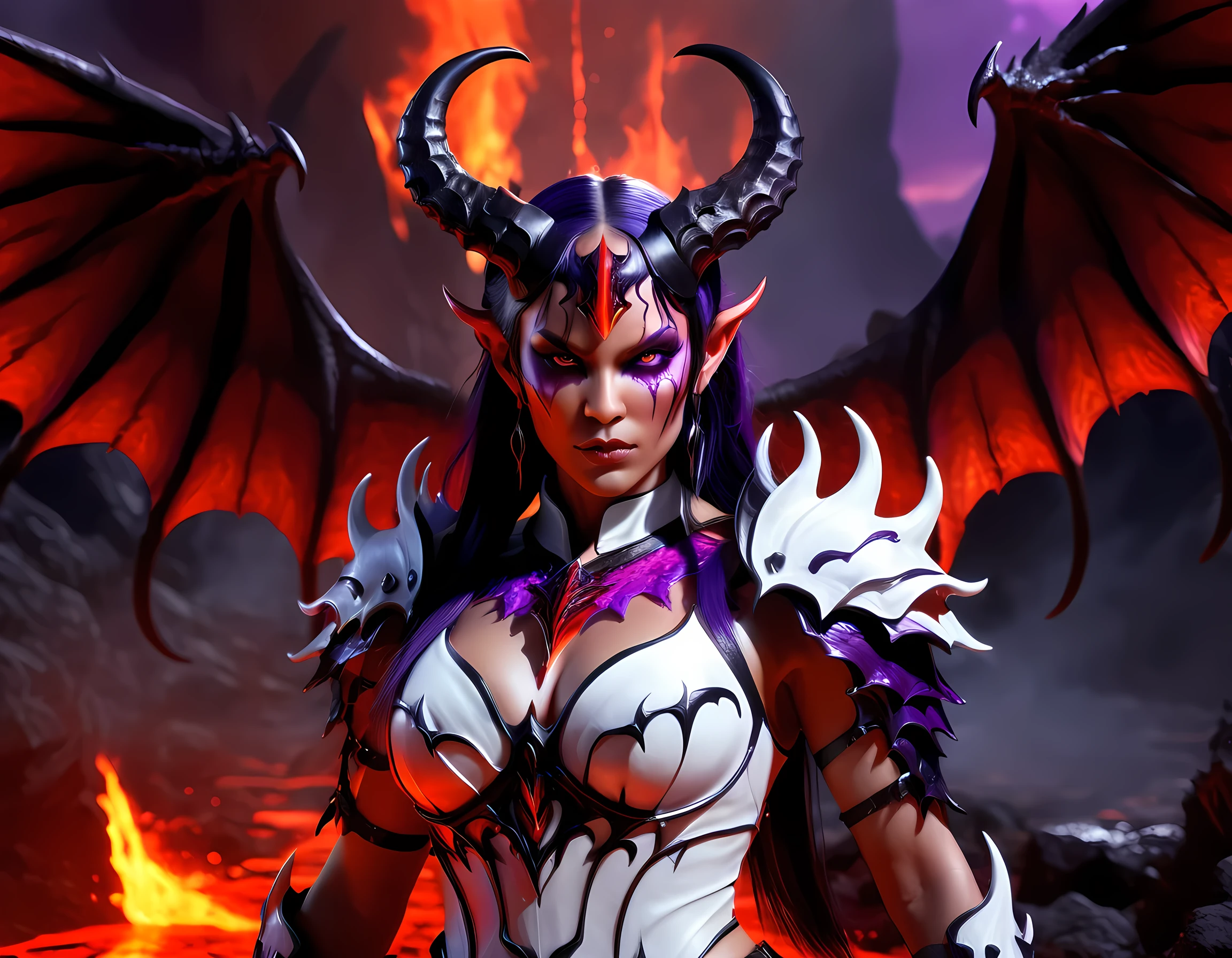 fantasy art, RPG art, masterpiece, a portrait picture o hellish female demon from hell, she has (black horns: 1.2), (black: 1.2) demon wings, (red: 1.3) skin, red lava dripping from her, she wears (white: 1.3) armor, (purple: 1.3) hdsrmr, streams of rolling lava, hell in the background, 3d rendering, shadow wings