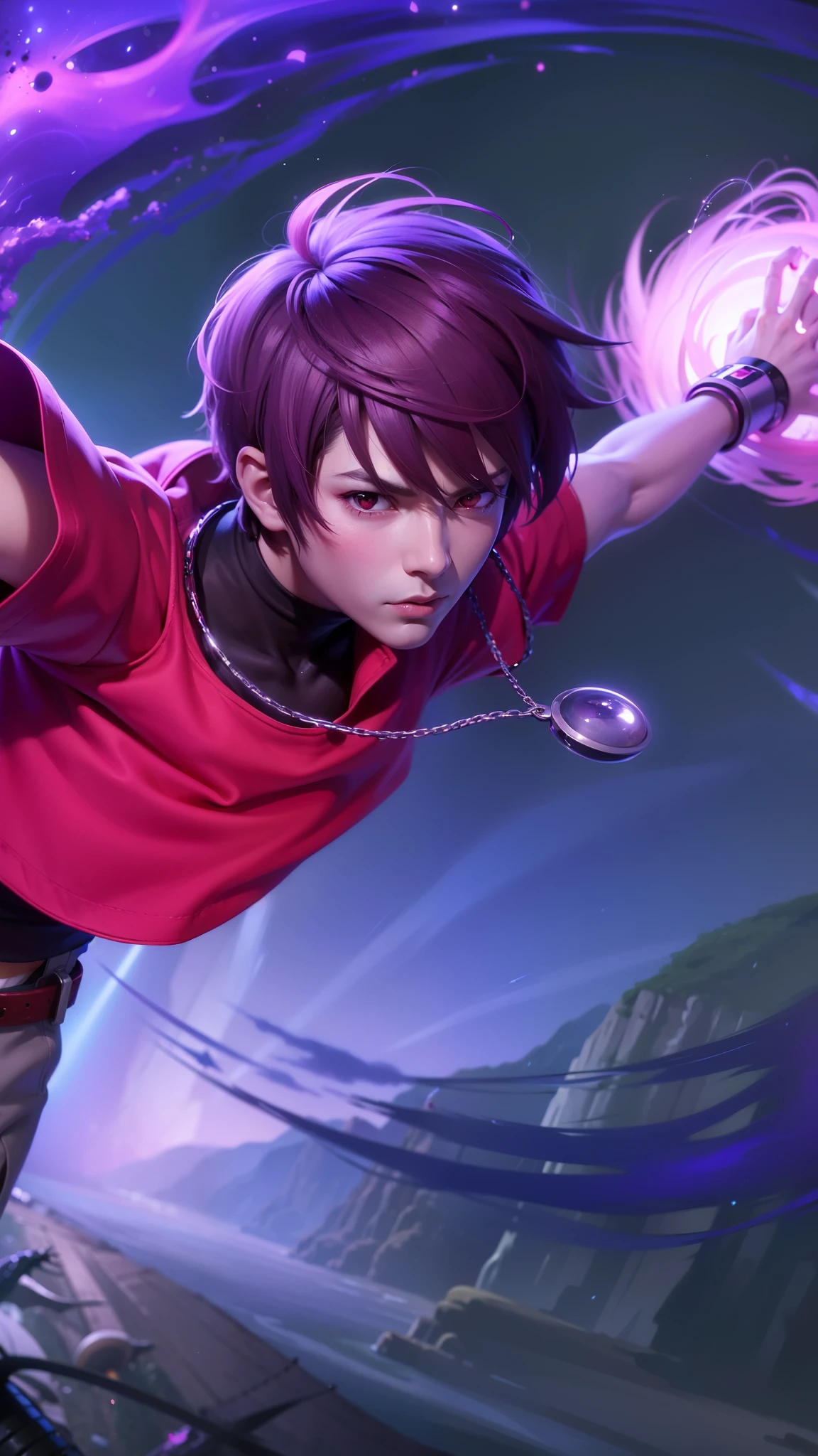 anime boy with purple hair and red shirt holding a purple ball, epic anime style, anime style 4 k, range murata and artgerm, 4 k manga wallpaper, flying anime esper, badass anime 8 k, anime art wallpaper 8 k, high quality anime artstyle, anime boy, anime wallaper, extremely detailed artgerm, advanced anime digital art, red eyes, glare.