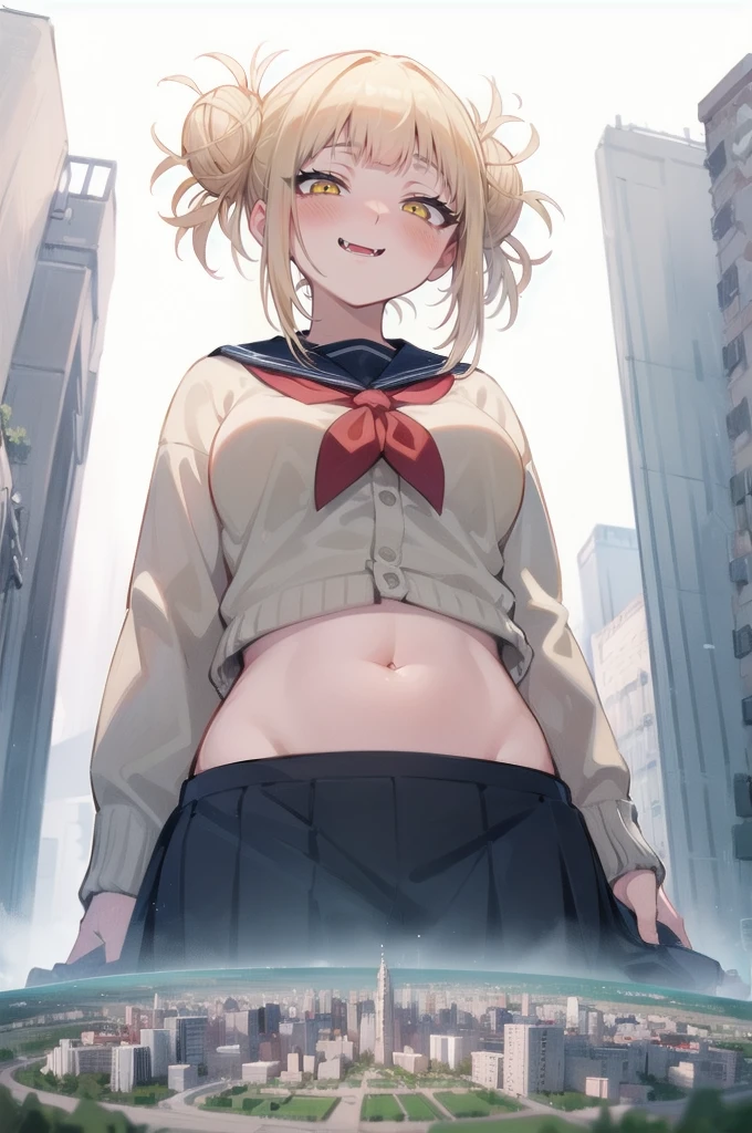 (naked: 1.2), giantess, a tiny cityscape on a table below a giantess breasts and face, a giantess looming over a tiny cityscape from sky view, from below view, (simple background: 1.1), (store background: 1.2),(breasts and face closeup: 1.1), from below view, (simple background: 1.1), (sky background: 1.4), navel, midriff, cleavage, large breasts, (looking down), toga himiko, blonde hair, hair buns, messy hair, yellow eyes, (looking straight down), (staring down at viewer), (from below view: 1.2), (very tall and thin: 1.2), huge , (pussy juice: 1.1), nipples, breasts, navel, (cityscape from sky view on a platform: 1.3), hills, cliffs, mountains, (oily skin: 1.1)