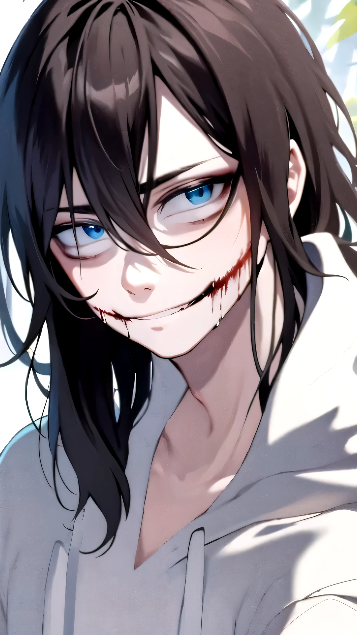 black hair, blue eyes, white hoodie, man, slit smile, bloody mouth, close up
