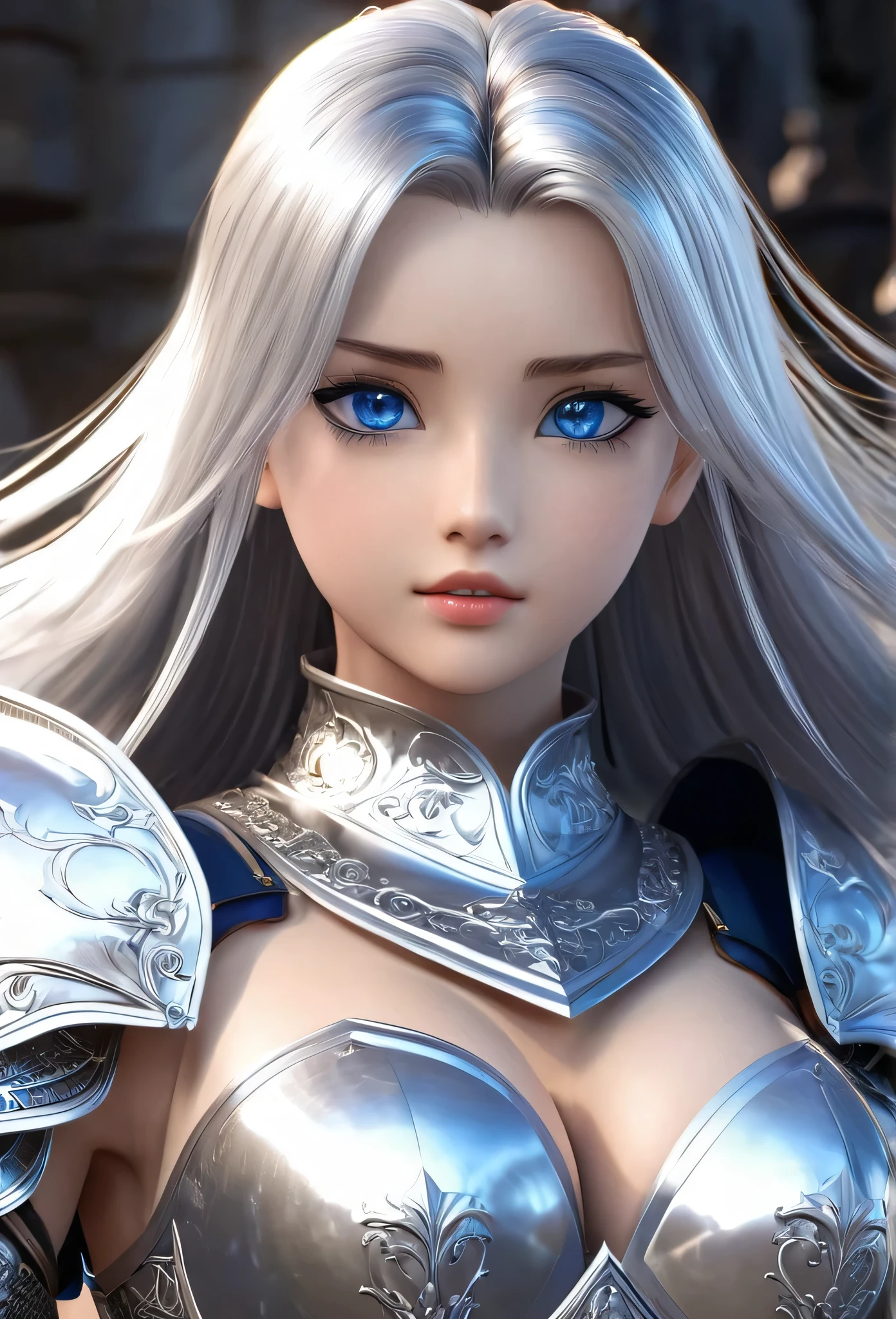 18-year-old girl,Silver long hair,Blue Eyes,Long eyelashes,Unbelievably huge ,((3D anime style)),A knight in revealing silver armor,Wearing a blue aura,Ready your sword,whole body,