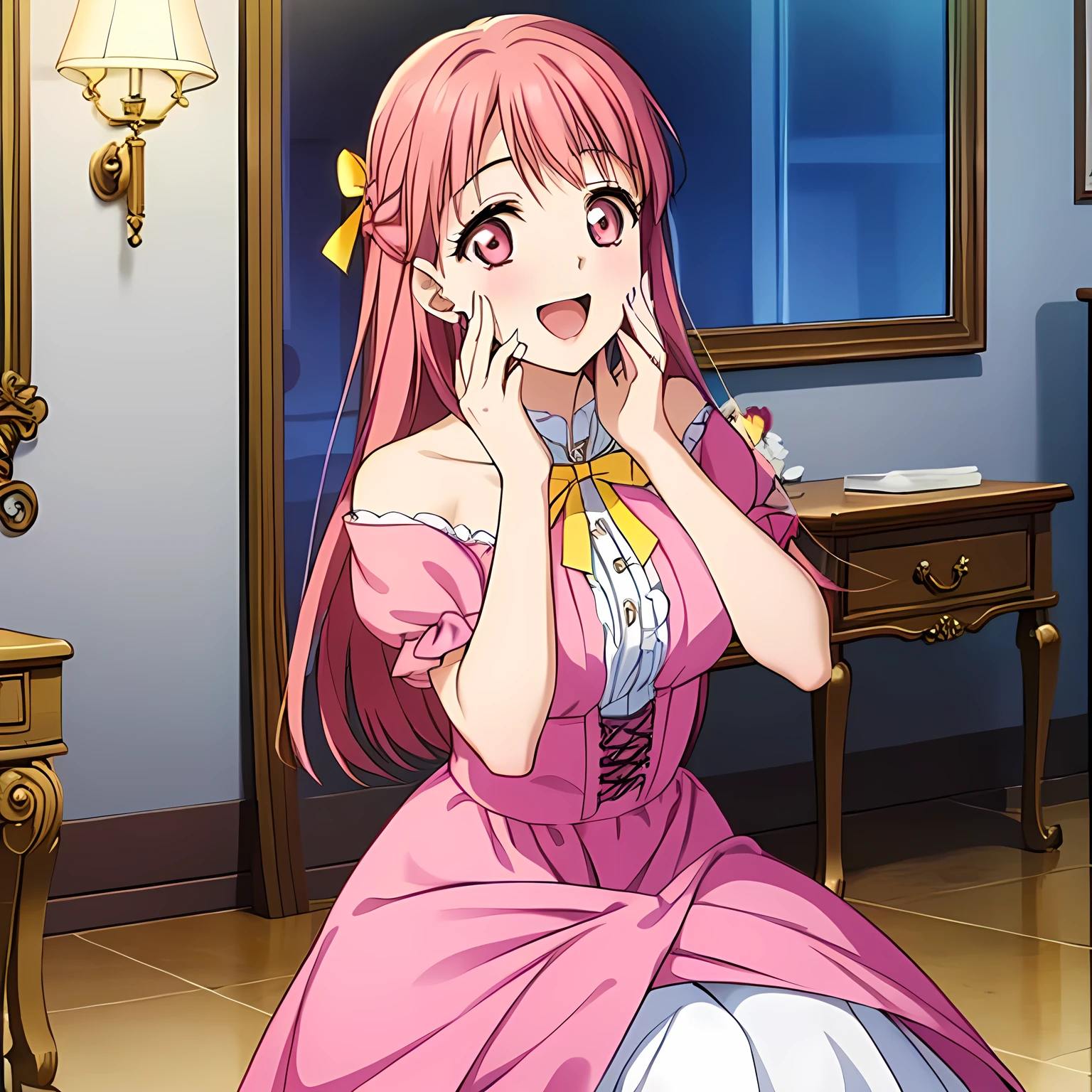 highest quality, (masterpiece:1.2), Very detailed, ((Very beautiful girls are calling the audience in the music room)), (()), (((Beautiful long, very shiny peach-colored hair))), She has a big yellow ribbon in her hair., ((Deep pink Victorian dress)), puffed sleeves, (((laughing at me!))), ((((Very beautiful and shining deep pink eyes)))), ((Very long eyelashes)), Big yellow ribbon bowtie, ((An elegant and gentle expression like a noble princess)), ((Laughing with mouth open)), ((The white light illuminates her face, her beautiful expression and her beautiful hair.)), ((slender)), Very good posture, Shot from above
