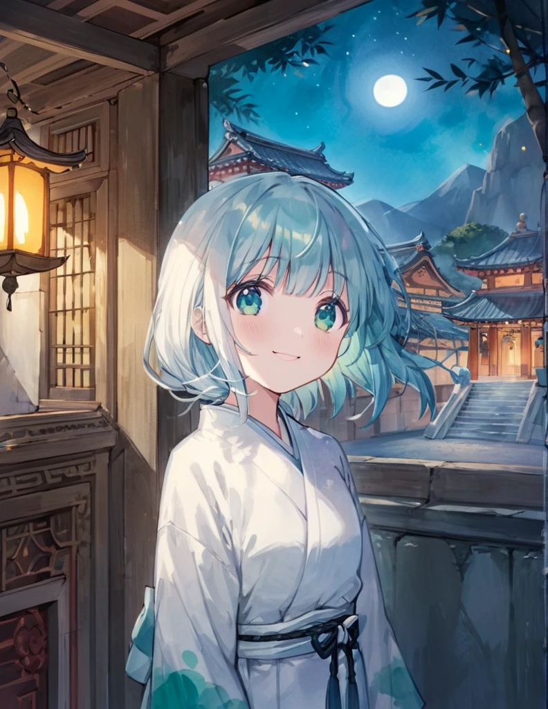 kawaii, cute, stunning art, close up face, (highly detailed black sumi-e painting:1.2) of The scene of the yokai mural girl appears within the painted walls of an ancient temple or shrine. She wears a light white kimono, and her hair is long, dyed in shades of aqua. Her eyes are large, with an otherworldly gleam. The mural’s background depicts bamboo groves, mountains, and moonlight, emphasizing the presence of the yokai. She gazes at the depicted world on the wall with a serene smile. 🌙👘🌸, in-depth study of perfection, created by a master. best quality, high resolution