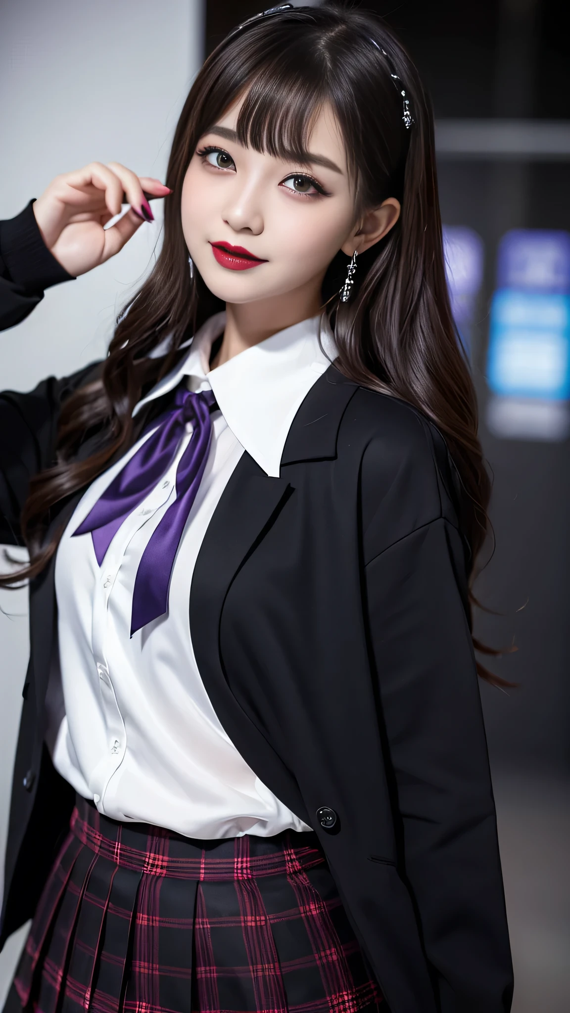 best quality、ultra-detailed、4k、Japanese、Seductive beauty、seductive adult woman、Pretty Woman、cool girl、Villainess、Brainwashed、brainwash、Fallen into evil、smirk、Evil look、Wicked Smile、evil、Brown hair、wavy hair、swept bangs、dark makeup、dark makeup、piercing eyes、hollow eyes,half-closed eyes、Hollow Eyes、purple Eyeshadow、black lipstick、black lipglos、student、uniform、Black blazer、White Shirt、Black Ribbon、flare skirt、night、inside school、Have lipstick、Emblem of Evil、Crest of Darkness、Swear allegiance、I have pledged my allegiance、Dye black、Blackening、Stained with evil、Dyed in darkness、Seduce