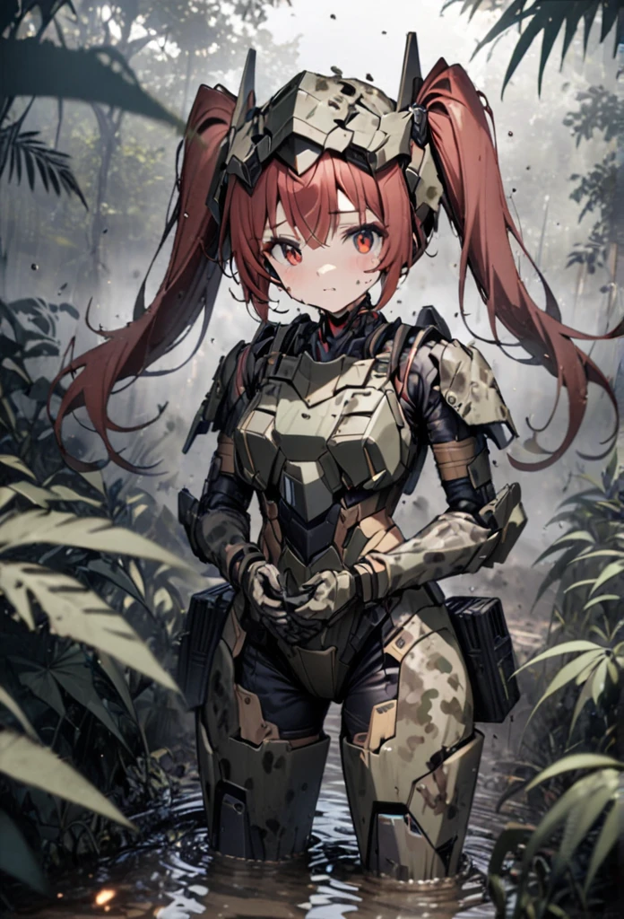 High quality, high definition, hig
h precision images,8k 1 Girl Robot Girl、red hair,Twin tails,Red eyes,Robo girl style armor on head
deep in the jungle,foggy,camouflage robot stylebody armor,Robot-style camouflage barrettes,covered in mud, ( holding a large machine gun in both hands)、