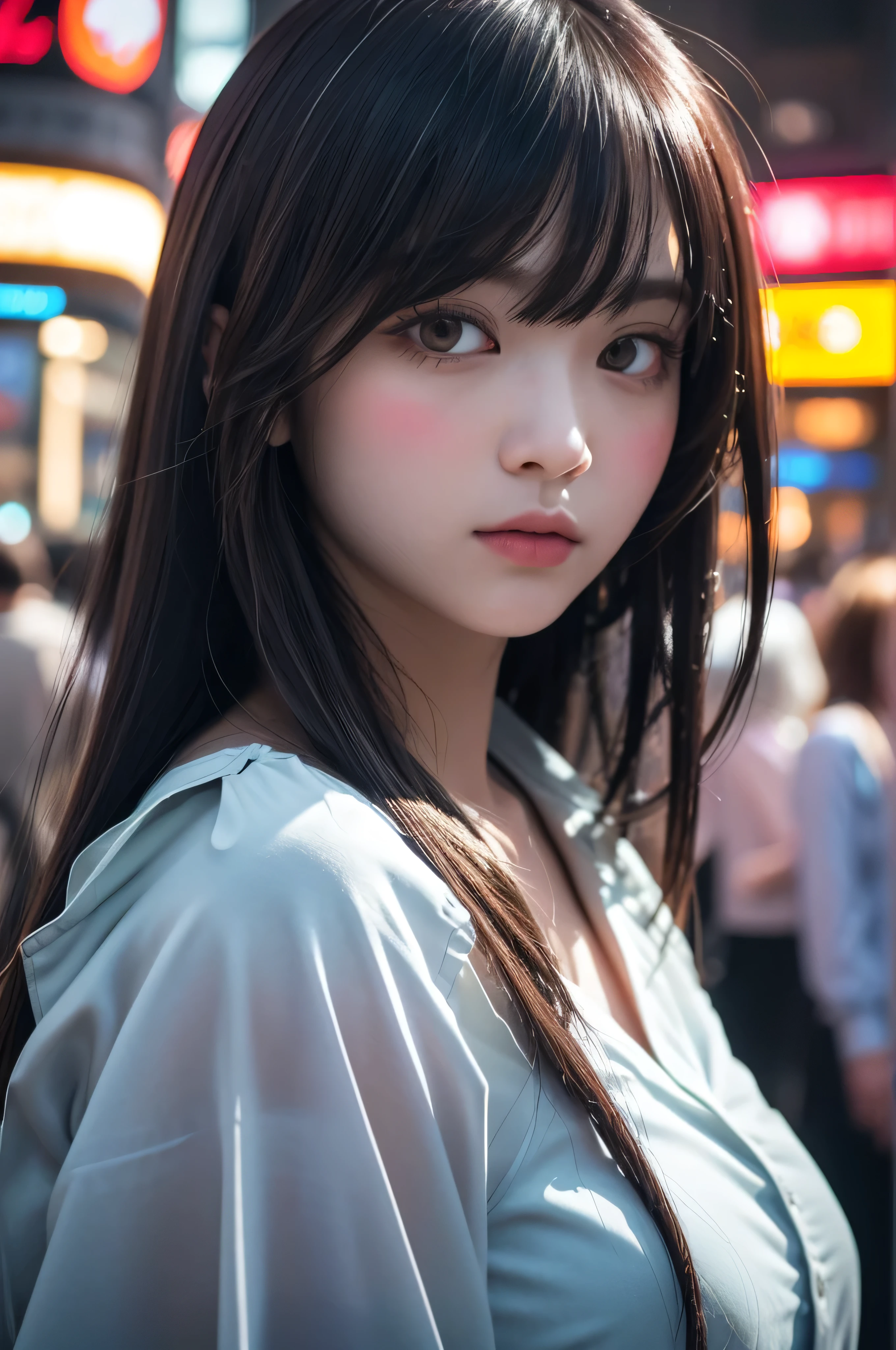 longeyelashes, solid circle eyes, long hair, floating hair, swept bangs, eye reflection, hollow eyes, Japanese  without tie, dark brown hair, natural straight hair, Nighttime, night street, store neon sign, Shibuya night street, Japan, twinkling lights, realistic, half body shot, anaglyph, tachi-e, atmospheric perspective, chiaroscuro, first-person view, lens flare, close-up, f/1.2, Fujifilm, cinematic lighting, motion lines, first-person view, three sided view, perspective, 8k, super detail, ccurate, best quality, UHD, anatomically correct, high details, best quality, highres