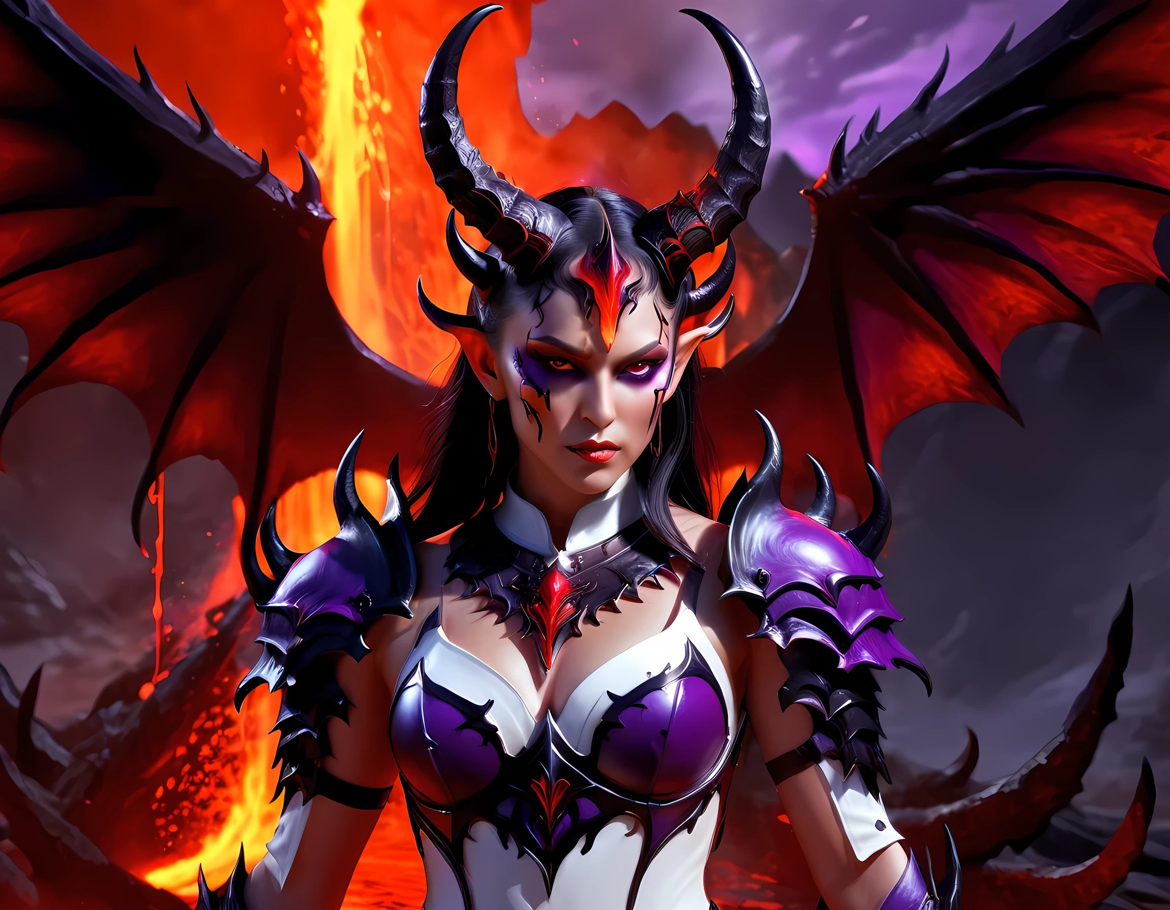 fantasy art, RPG art, masterpiece, a portrait picture o hellish female demon from hell, she has (black horns: 1.2), (black: 1.2) demon wings, (red: 1.3) skin, red lava dripping from her, she wears (white: 1.3) armor, (purple: 1.3) hdsrmr, streams of rolling lava, hell in the background, 3d rendering, shadow wings