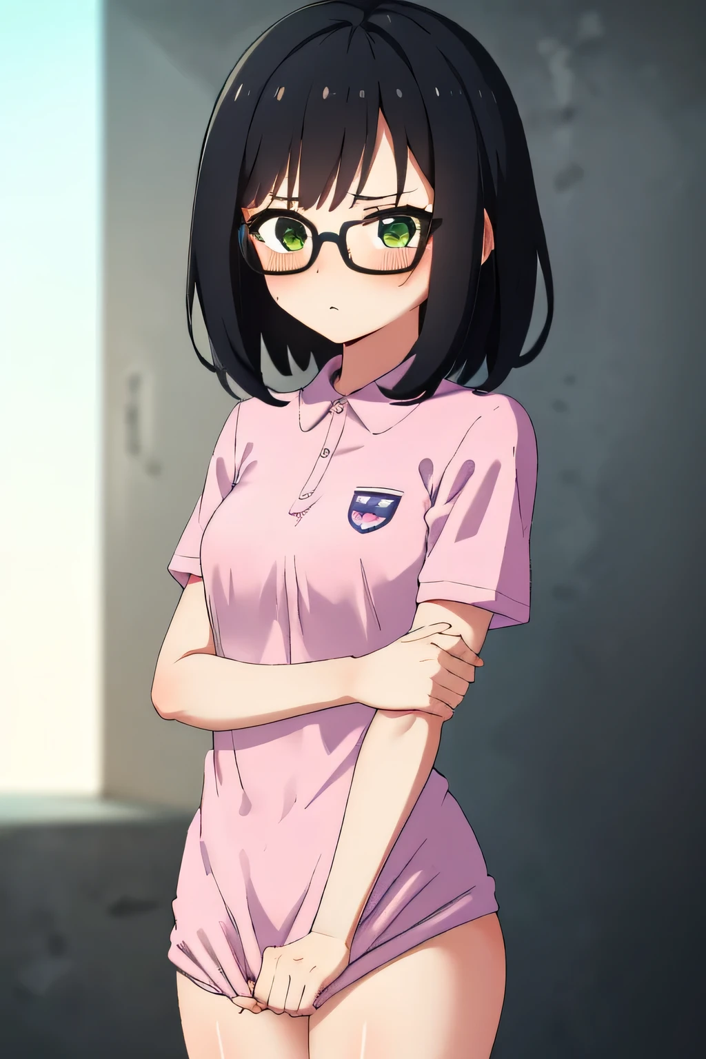 In town, Small breasts,Black Hair,short hair,Green Eye Glasses,(Pink polo shirt, Short sleeve, naked), (High resolution, high quality:1.1), Intricate details, 1 girl,(blush,Embarrassing)There are so many people around, perfect five fingers