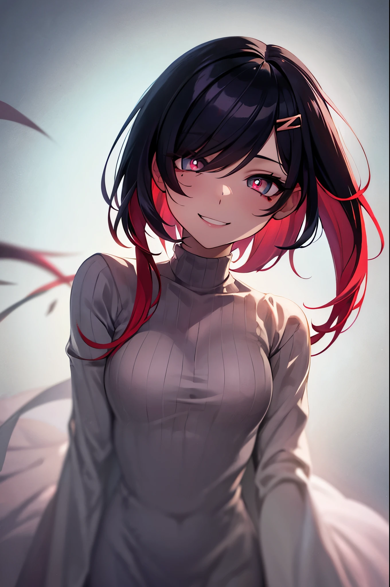 Black Hair, Long eyelashes, 軽いsmile, tooth, Striped Hair, multicoloRedhead, Inner hair color, Redhead, Hair Clip, Mole under the eye, Incompatible students, Hollow Eyes, Hollow Eyes, Pupils dilate, Heart-shaped pupils, smile, Shadow, Anaglyph, Depth of written boundary, Motion Blur, Luminance, Color Field Painting, Anime Style, 8k, Super Detail, highest quality, Ultra-high resolution, 8k