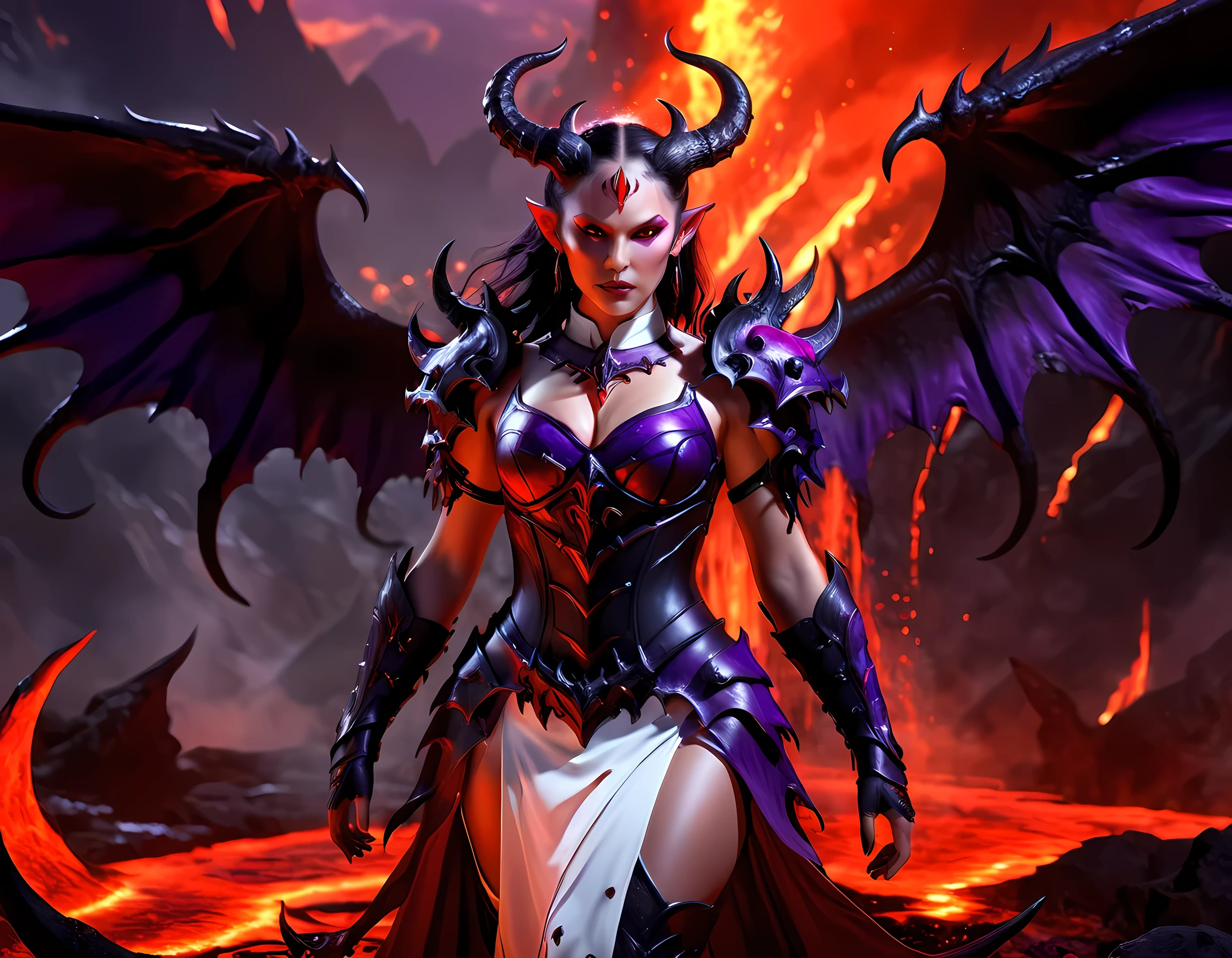 fantasy art, RPG art, masterpiece, a portrait picture o hellish female demon from hell, she has (black horns: 1.2), (black: 1.2) demon wings, (red: 1.3) skin, red lava dripping from her, she wears (white: 1.3) armor, (purple: 1.3) ArmoredDress, streams of rolling lava, hell in the background, 3d rendering, shadow wings