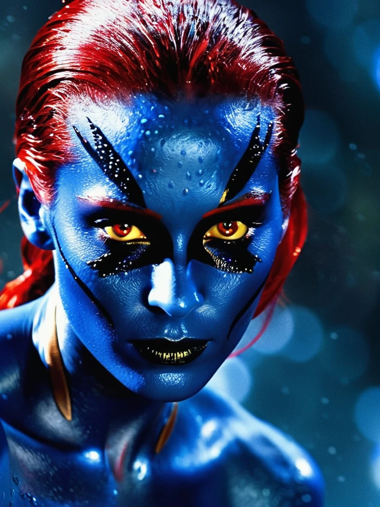 Mystique X-Men Movie Stills, Sleek wet hair red, Yellow eyes, Blue Skin, Full body portrait, Shallow and deep, Very detailed, Bokeh, Widescreen movies, Moody, epic, Gorgeous, Film Grain, Granular,  