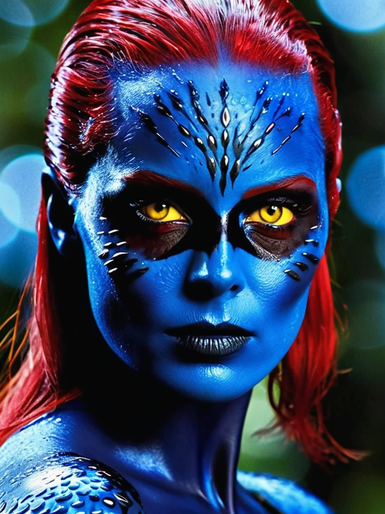 Mystique X-Men Movie Stills, Sleek wet hair red, Yellow eyes, Blue Skin, Full body portrait, Shallow and deep, Very detailed, Bokeh, Widescreen movies, Moody, epic, Gorgeous, Film Grain, Granular,  