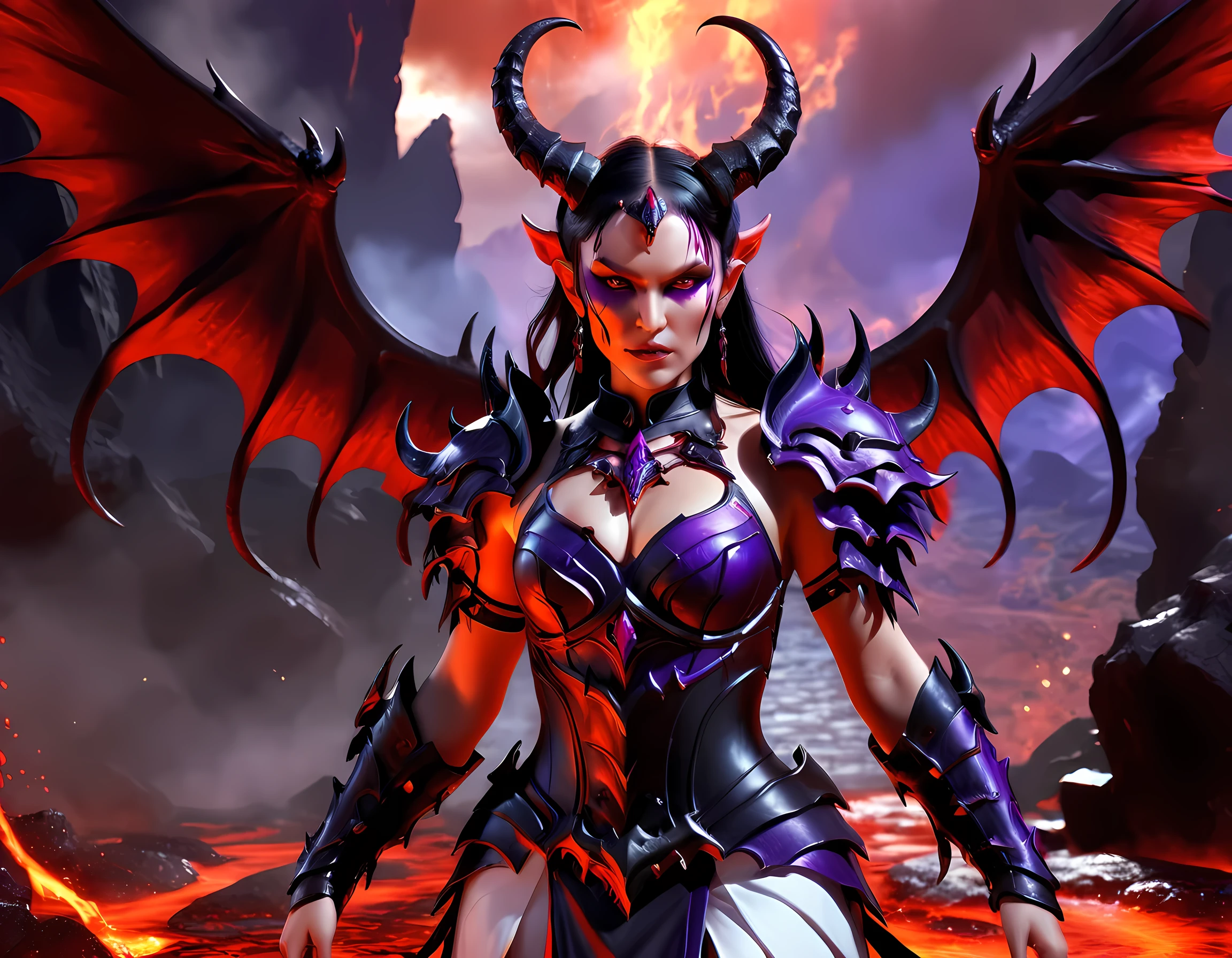 fantasy art, RPG art, masterpiece, a portrait picture o hellish female demon from hell, she has (black horns: 1.2), (black: 1.2) demon wings, (red: 1.3) skin, red lava dripping from her, she wears (white: 1.3) armor, (purple: 1.3) ArmoredDress, streams of rolling lava, hell in the background, 3d rendering, shadow wings