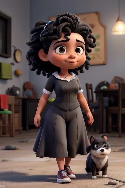 Mujer gordita de pelo rizado negro, ojos negros con perrito poddel gris