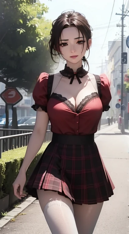 8k, masterpiece, original photo, best quality, Reality, Extremely detailed CG Unity 8K wallpaper, Depth of Field, Movie Lighting, lens flare, Ray Tracing, (Extremely beautiful face, Beautiful lips, beautiful eyes), Intricately detailed face, ((Ultra-delicate skin)) Searches,in the darkness, Deep Shadow, pretty Searches (Very slim slender fit-muscled body:1.3), ((Looking at the audience)),(A bright smile:1.3), (Short skirt ), (Red mini skirt ), Pantyhose, Clear eyes, walk , front Photo, (Pale skin), (big eyes), Facing forward, (Red Shirt), (brown hair), ((Lace shirt)),,(Looking at the audience:1.3) Very slim,, stocking, sTreet, architecture, Tree, Sunlight, (Plaid skirt), (High heel), Gentle skirt((Awkward, blush, charming, Close your eyes, open mouth,Tongue,with tears in eyes, Saliva residue,The hem of the skirt is wet, Brushed,)Large Breasts:1.5、Low-cut,Cleavage, Wide hips,)The Last Vision, Ultra-high resolution,4K,Super detailed, photography, 8k, HDR, high resolution, absurd:1.2, Kodak Portrait 400, Film Grain, Blurred background, Bokeh:1.2, lens flare, (Energetic_color:1.2),专业photography师
