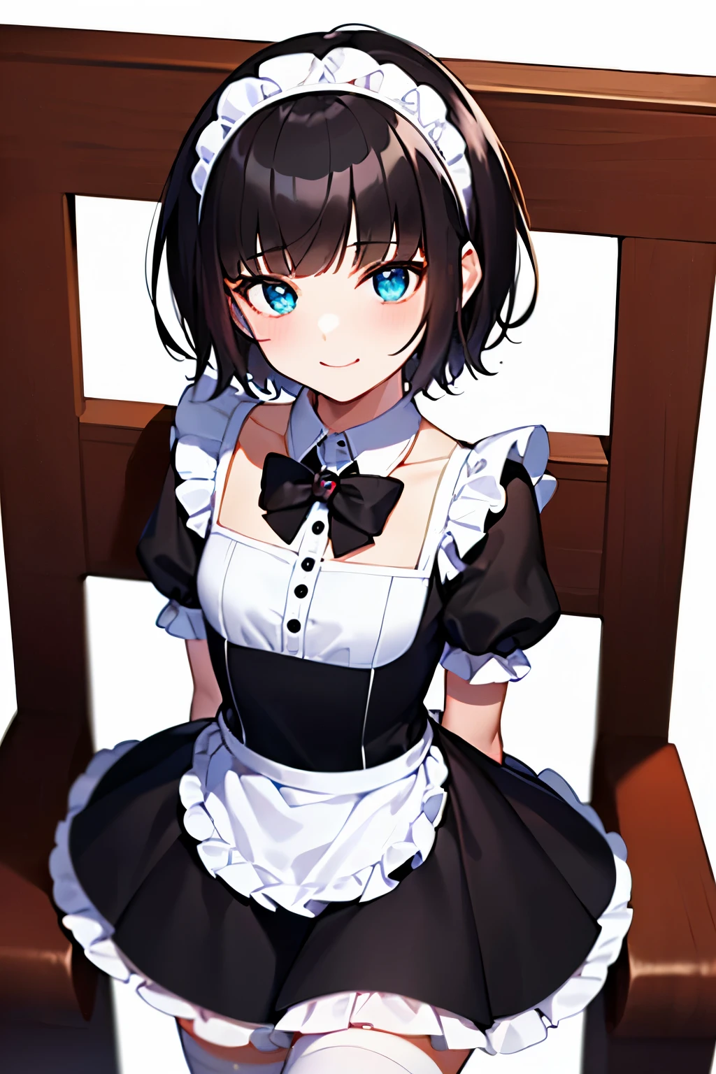 ((1 beautiful girl)), ((alone:1.3)),((Blunt bangs)),((Black Hair)),((blue eyes)), ((Shoulder-length hair:1.2,short hair)),************, ((A gentle smile)), ((White Background:1.3)),((Have a look at this)),((cowboy shot)), maid dress, thighhighs, red bowtie, brim, black dress, white apron