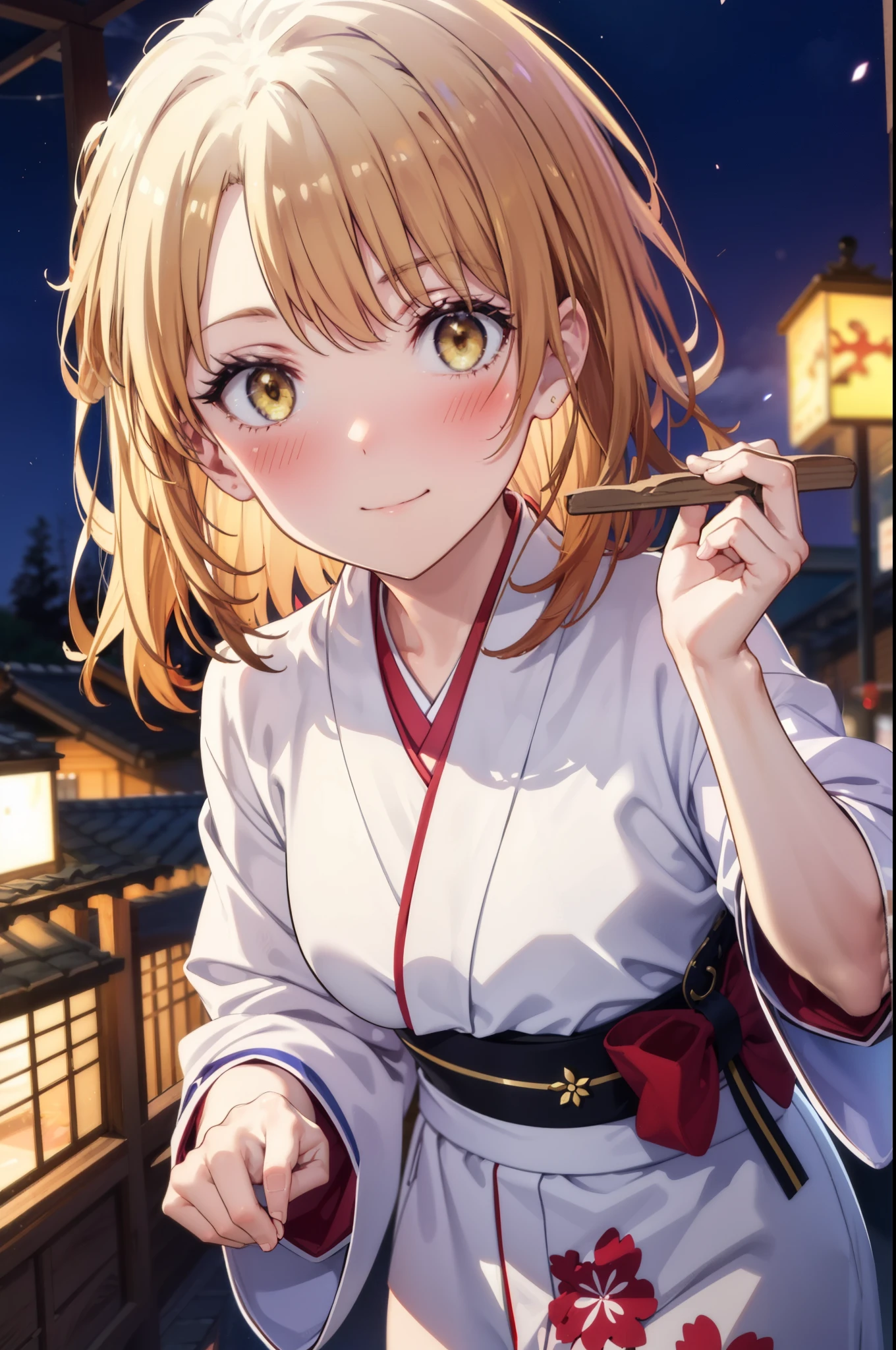 irohaisshiki, Iroha Isshiki, long hair, Brown Hair, (Brown eyes:1.5), Hair Bun, single Hair Bun,smile,Yellow kimono,Thick sleeves,Yellow hakama,White tabi,Sandals,日本のFestivalり,夏Festivalりの屋台,Red lantern,Fireworks in the night sky、Fireworks,The place is a fireworks display,Time is night,sunny day,whole bodyがイラストに入るように,歩いている
break outdoors, Festival,
break looking at viewer,whole body,
break (masterpiece:1.2), highest quality, High resolution, unity 8k wallpaper, (figure:0.8), (Beautiful fine details:1.6), Highly detailed face, Perfect lighting, Highly detailed CG, (Perfect hands, Perfect Anatomy),