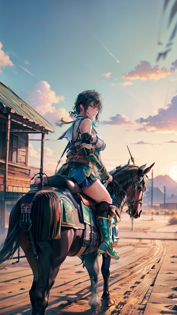 ((best quality)), ((anime masterpiece)), (best detailed), anime color, cinematic lighting, vivid color, 8k, perfect face, medium breast, a female knight riding a walking black horse on desert, (medium hair, hair, above shoulder,{green hair}, green armor, blue miniskirt, blue boots, sweating face), (black horse {black hair}, saddle, stirups, reins: 1.5)++, heat, scenery, from side: 1.5, perfect anatomically,
