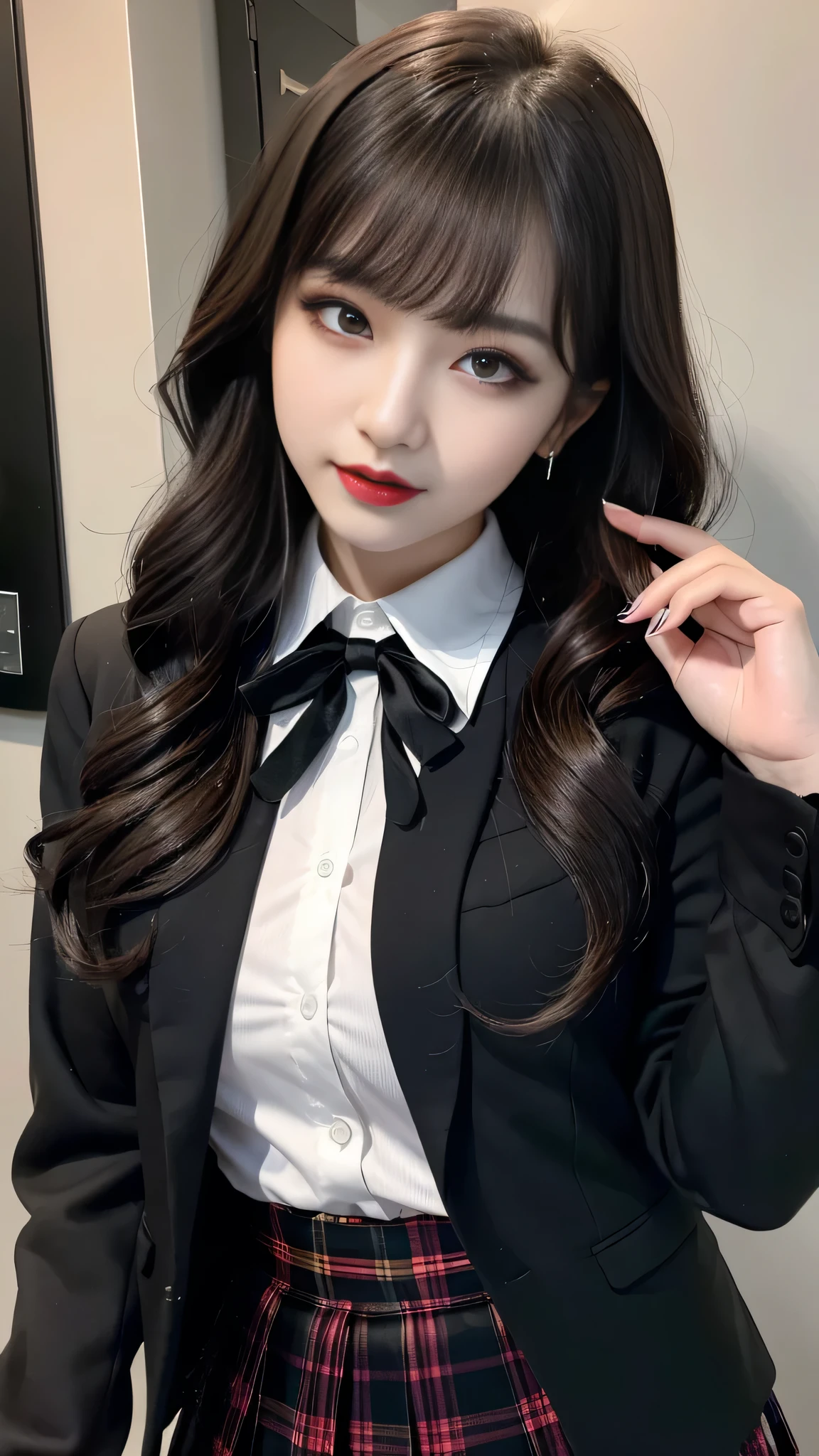 best quality、ultra-detailed、4k、Japanese、Seductive beauty、seductive adult woman、Pretty Woman、cool girl、Villainess、Brainwashed、brainwash、Fallen into evil、smirk、Evil look、Wicked Smile、evil、Brown hair、wavy hair、swept bangs、dark makeup、dark makeup、piercing eyes、hollow eyes,half-closed eyes、Hollow Eyes、purple Eyeshadow、black lipstick、black lipglos、student、uniform、Black blazer、White Shirt、Black Ribbon、flare skirt、night、inside school、Have lipstick、Emblem of Evil、Crest of Darkness、Swear allegiance、I have pledged my allegiance、Dye black、Blackening、Stained with evil、Dyed in darkness、Seduce