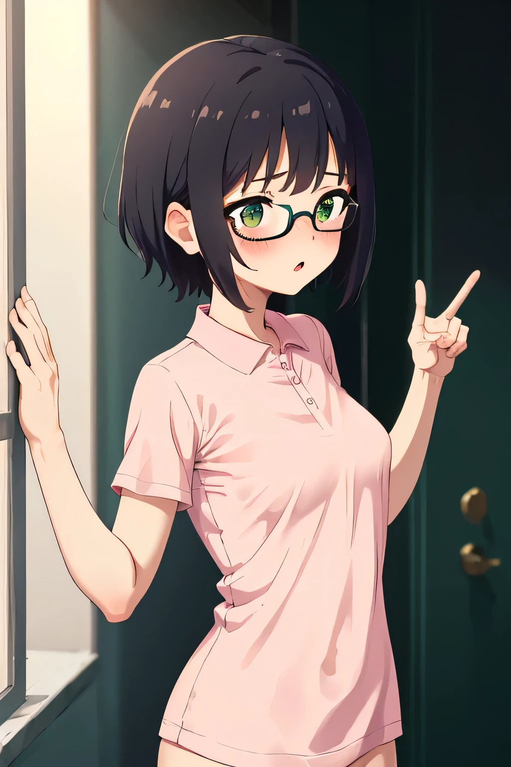 In town,Small breasts that can be rolled up,Black Hair,short hair,Green Eye Glasses,(Pink polo shirt, Short sleeve, naked), (High resolution, high quality:1.1), Intricate details,  1 girl,(blush,Embarrassing)Lots of people around, perfect fingers