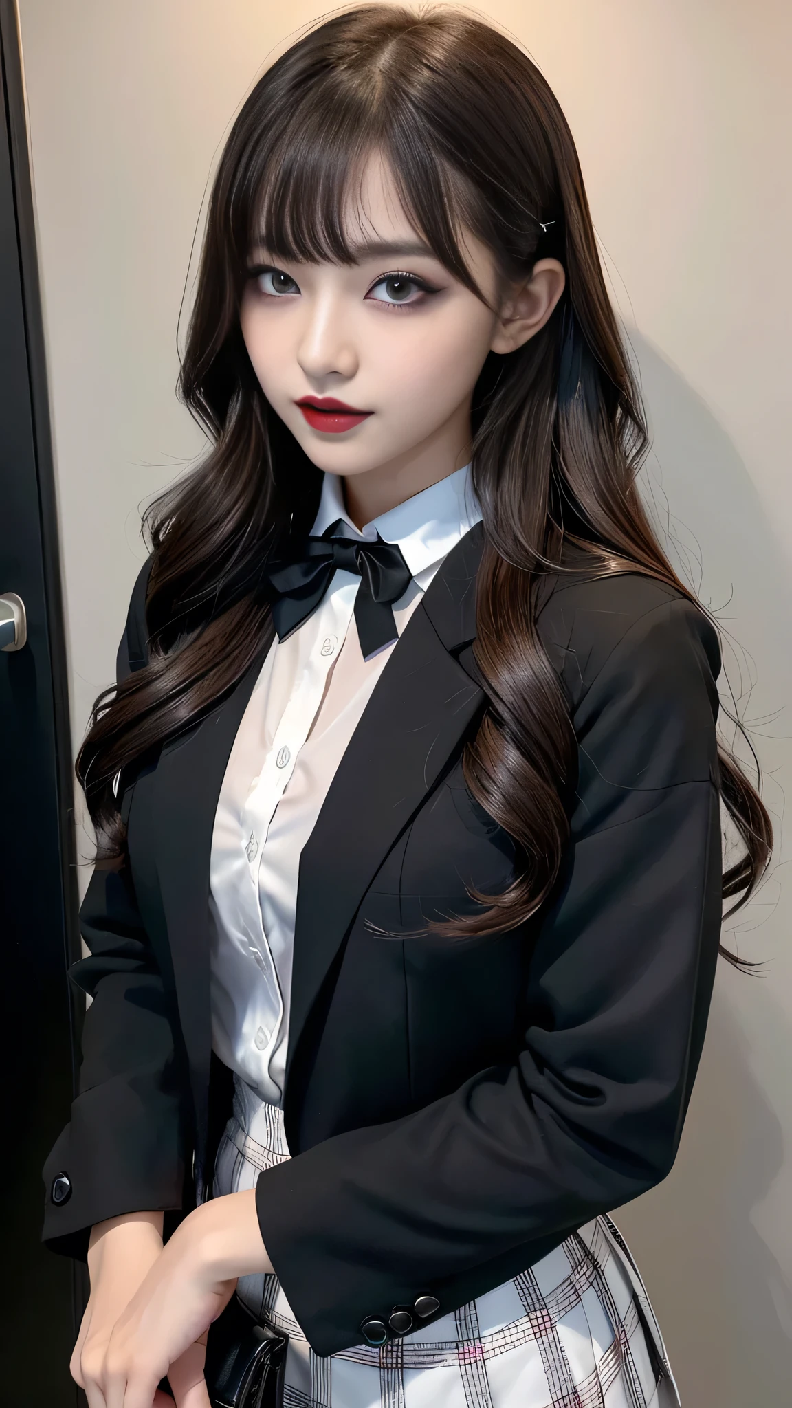(1 Korean star with royal sister style), ((Best quality, 8K, 巨作: 1.3)), focal point: 1.2, Perfect body proportions: 1.4, (Make a smile), Watery eyes, Highly Detailed Face and Skin Textur, Fine eyes, Double eyelids, Whitens the skin, (Shawl straight hair: 1.3), (face round: 1.5), (校服: 1.6), (Medium-thickness stockings: 1.4),(Uniform style:1.4),(the street:1.3)
