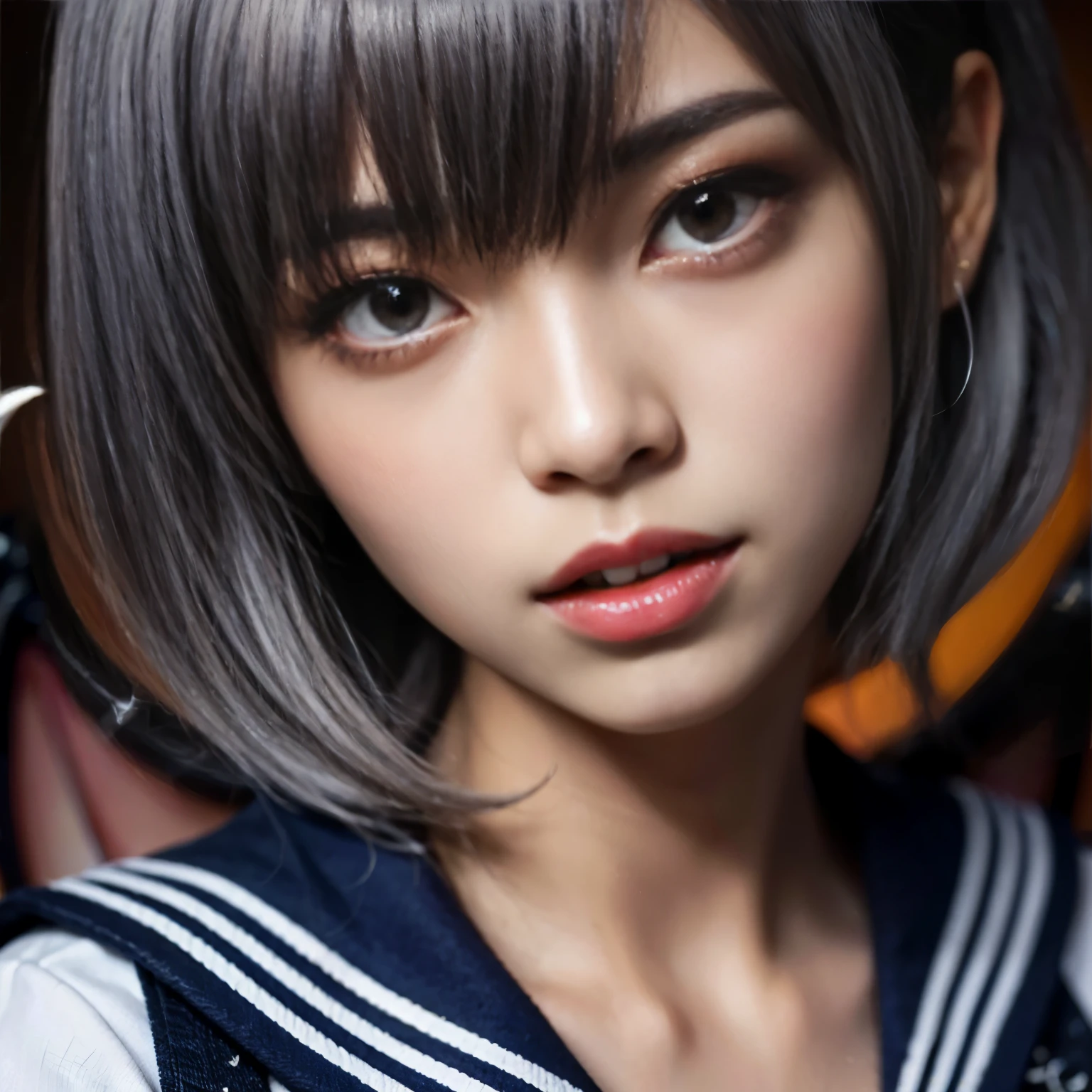 masterpiece、highest quality、8k、Extremely realistic photos、cool、Sharp Eye、Slit eyes、tooth、Double teeth、Japanese women、Very beautiful face、Sailor suit、student、Dark Skin、Gray Hair、short hair、gloss々Texture、Large bat wings、Extremely intricate details、Professional Lighting、Sexy pose