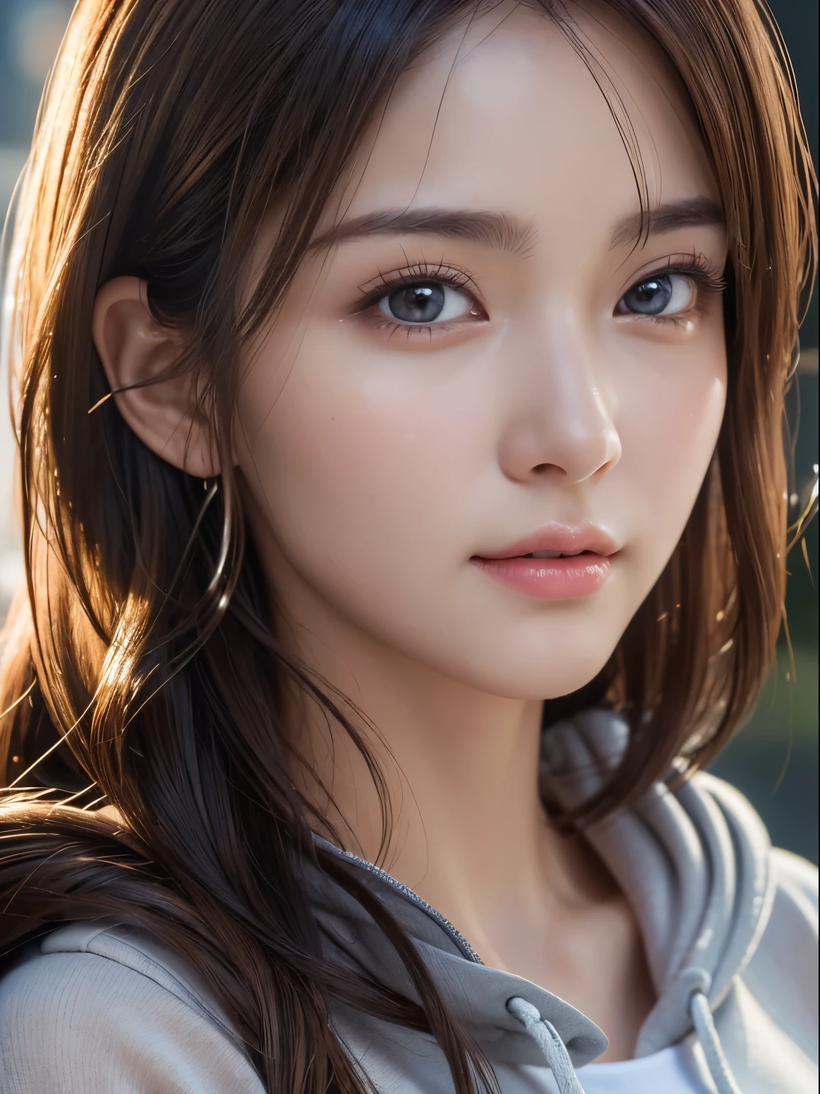 ((highest quality)),(超A high resolution),(Very detailed),(Detailed Description),((The best CG)),(masterpiece),Highly detailed art、(highest quality、8k、32k、masterpiece)、(Realistic)、(Realistic:1.2)、(High resolution)、Very detailed, (closeup-face:1.6), Very beautiful face and eyes, Big eyes, 1 female、Tight waist、Delicate body、(highest quality、Attention to detail、Rich skin detail)、(highest quality、8k、Oil paint:1.2)、Very detailed、(Realistic、Realistic:1.37)、Bright colors, (hoodie:1.3, flare skirt)