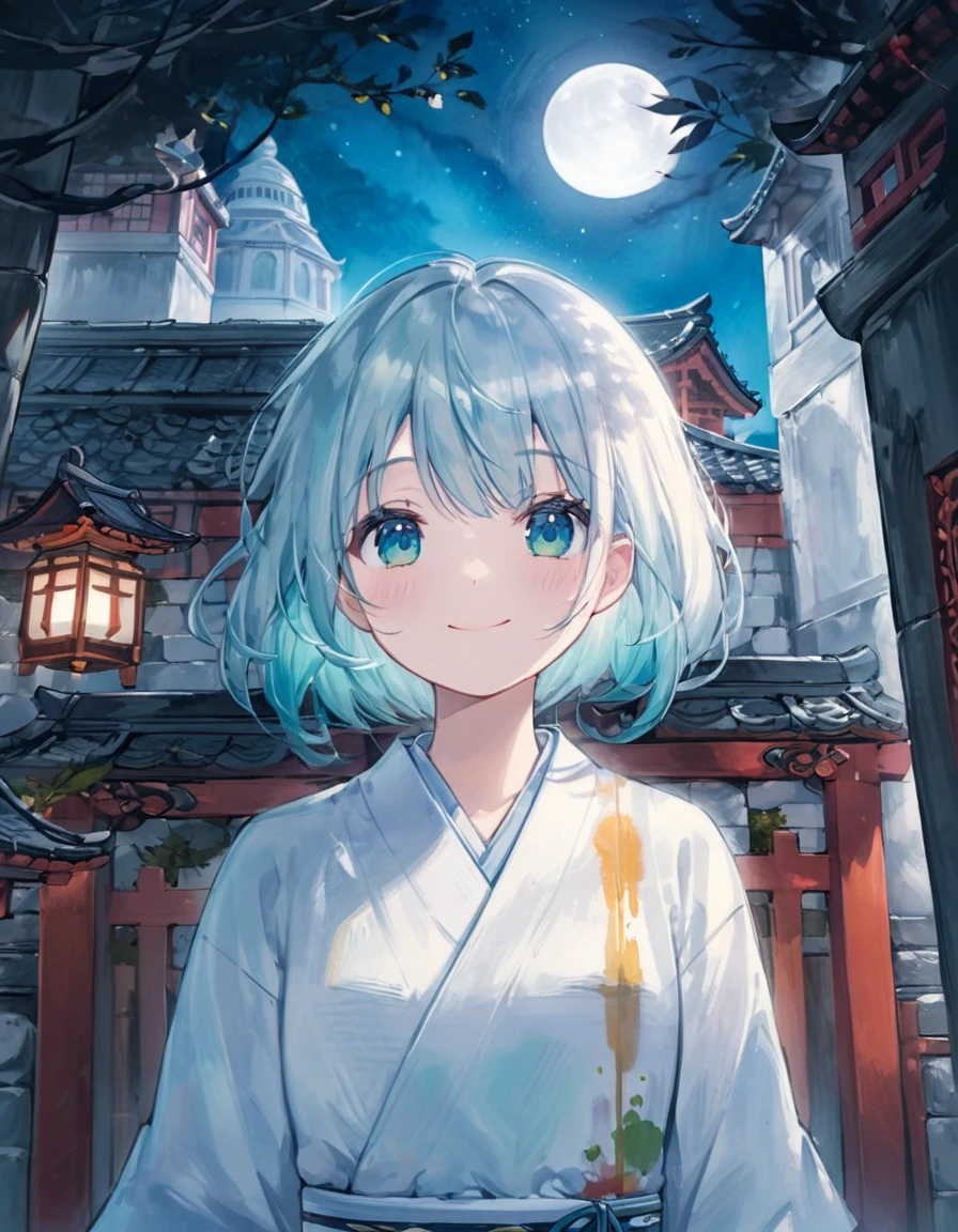 kawaii, cute, stunning art, close up face, (highly detailed black sumi-e painting:1.2) of The scene of the yokai mural girl appears within the painted walls of an ancient temple or shrine. She wears a light white kimono, and her hair is long, dyed in shades of aqua. Her eyes are large, with an otherworldly gleam. The mural’s background depicts bamboo groves, mountains, and moonlight, emphasizing the presence of the yokai. She gazes at the depicted world on the wall with a serene smile. 🌙👘🌸, in-depth study of perfection, created by a master. best quality, high resolution