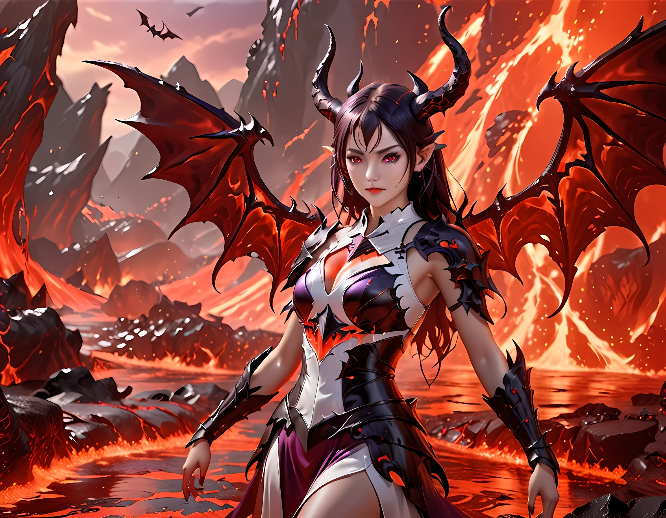fantasy art, RPG art, masterpiece, a portrait picture o hellish female demon from hell, she has (black horns: 1.2), (black: 1.2) demon wings, (red: 1.3) skin, red lava dripping from her, she wears (white: 1.3) armor, (purple: 1.3) ArmoredDress, streams of rolling lava, hell in the background, 3d rendering, shadow wings