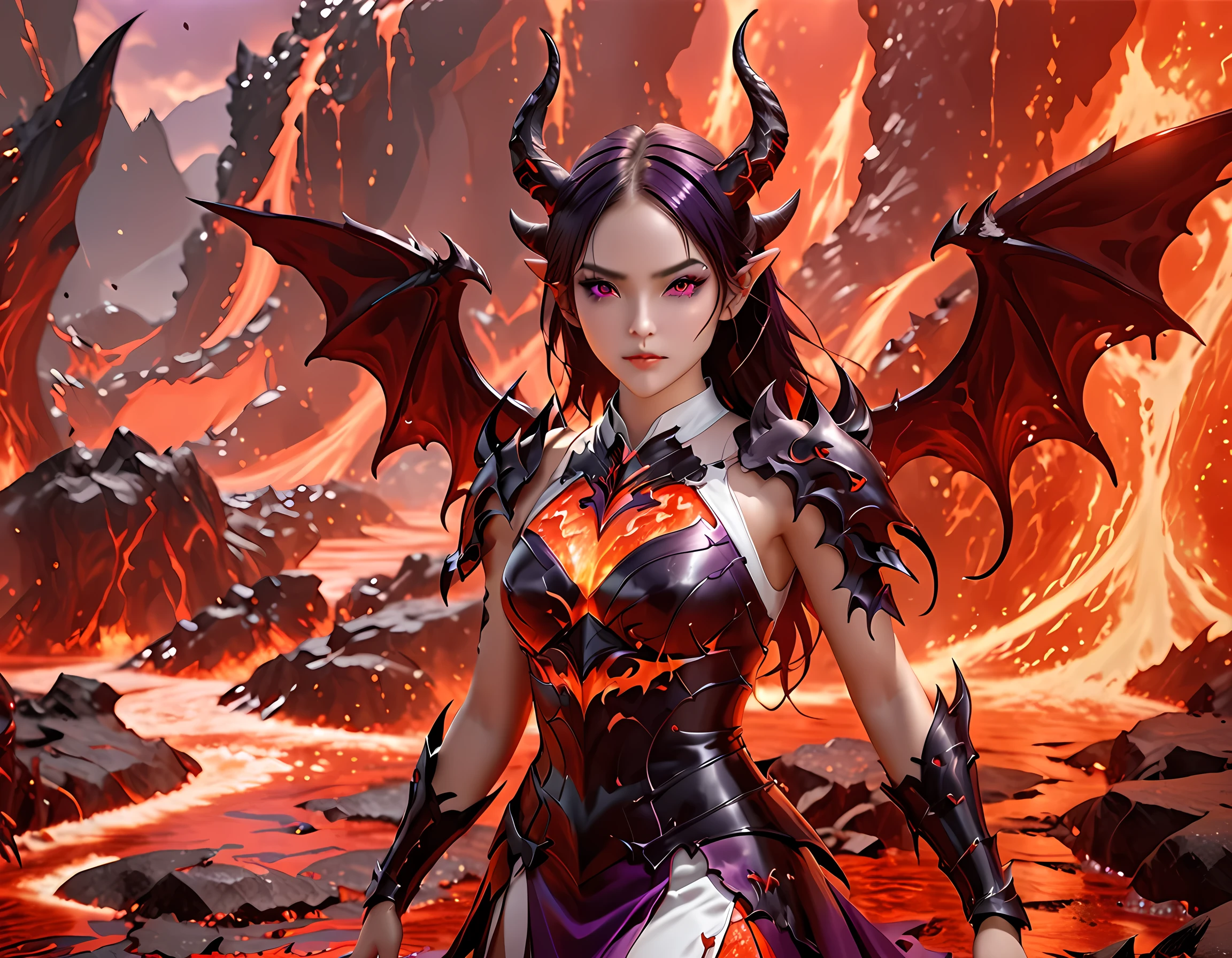 fantasy art, RPG art, masterpiece, a portrait picture o hellish female demon from hell, she has (black horns: 1.2), (black: 1.2) demon wings, (red: 1.3) skin, red lava dripping from her, she wears (white: 1.3) armor, (purple: 1.3) ArmoredDress, streams of rolling lava, hell in the background, 3d rendering, shadow wings