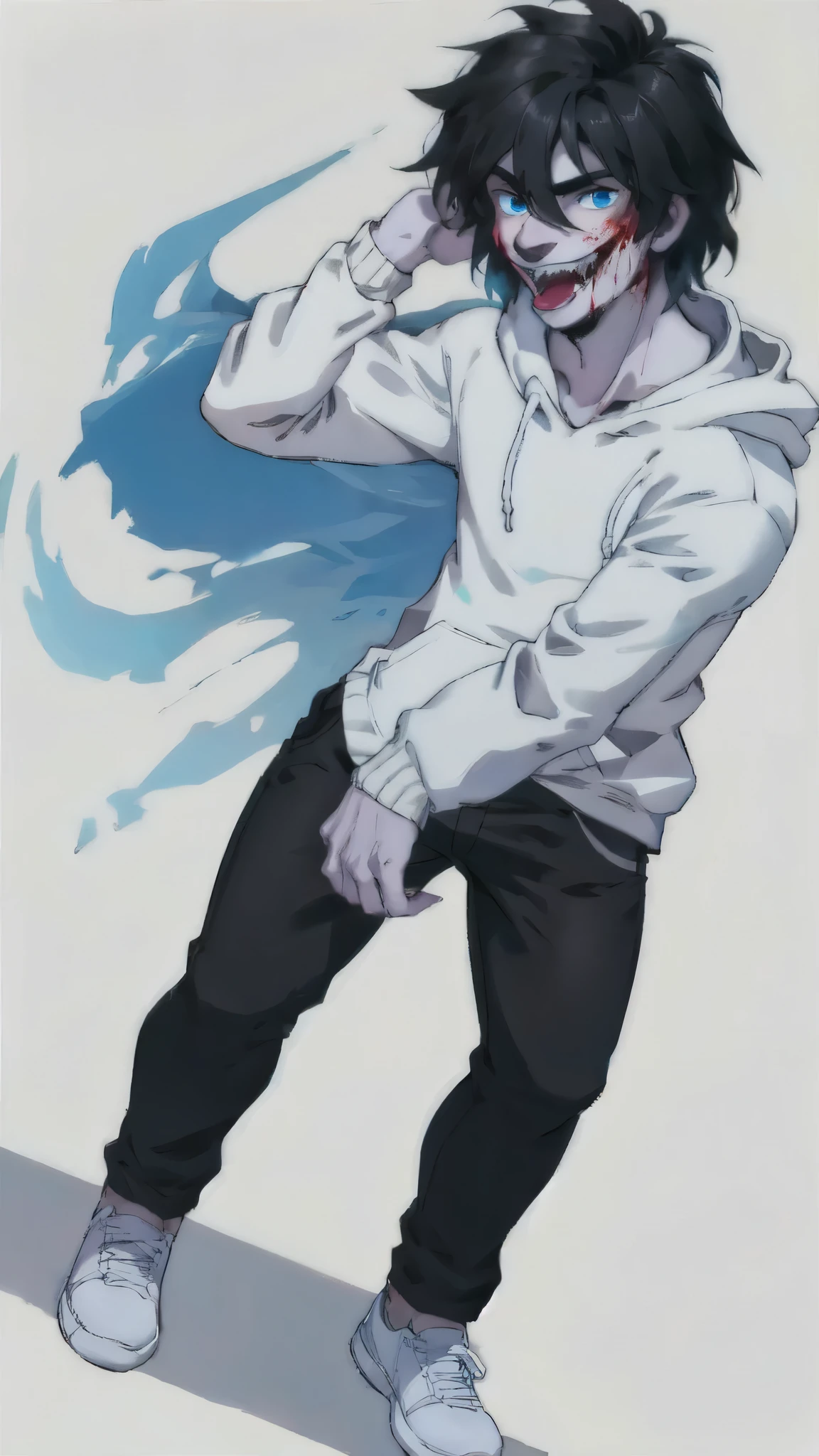 black hair, blue eyes, white hoodie, man, slit smile, bloody mouth,black pants full body, pure white background