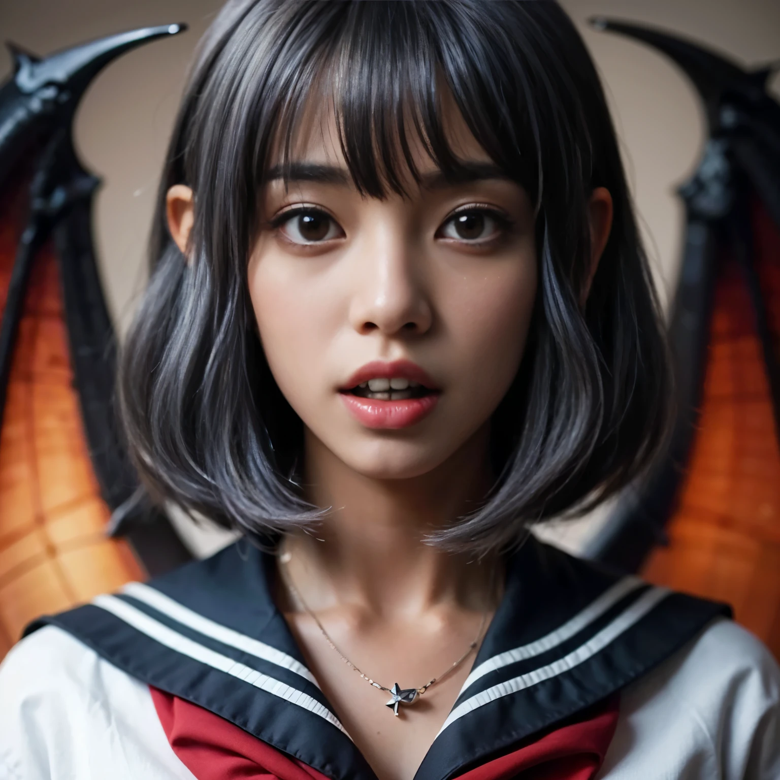 masterpiece、highest quality、8k、Extremely realistic photos、cool、Sharp Eye、Slit eyes、tooth、Double teeth、Japanese women、Very beautiful face、Sailor suit、student、Dark Skin、Gray Hair、short hair、gloss々Texture、Large bat wings、Extremely intricate details、Professional Lighting、Sexy pose