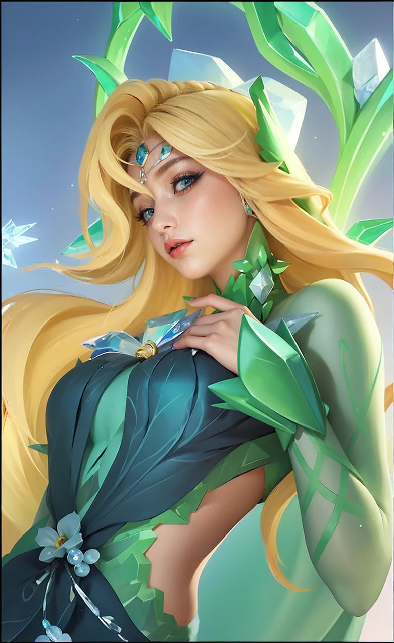 there is a woman in a blue dress sitting on a rock, ice sorceress, queen of ice and storm, ice mage, crystalline skin, ice queen, crystal maiden, beautiful ancient frost witch, ice spell, goddess of winter, extremely detailed artgerm, artgerm detailed, ig model | artgerm, artgerm. high detail