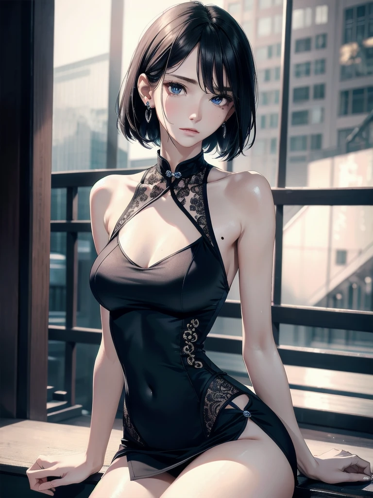 absurdres, RAW photo, extremely delicate and beautiful, masterpiece, Best Quality, ultra high resolution, 32k, hyperrealistic, ultra-detailed, detailed description, perfect , anatomically correct, perfect figure, super Detailed skin, pale skin, 20 years old, very Slim body, narrow waist, very small head, very small face, delicate facial features, detailed beautiful face and eyes, tearful mole, earring, thin legs,  legs, very huge round , short medium hair, wavy hair, full body shot, wet clothes, cheongsam, halterneck,