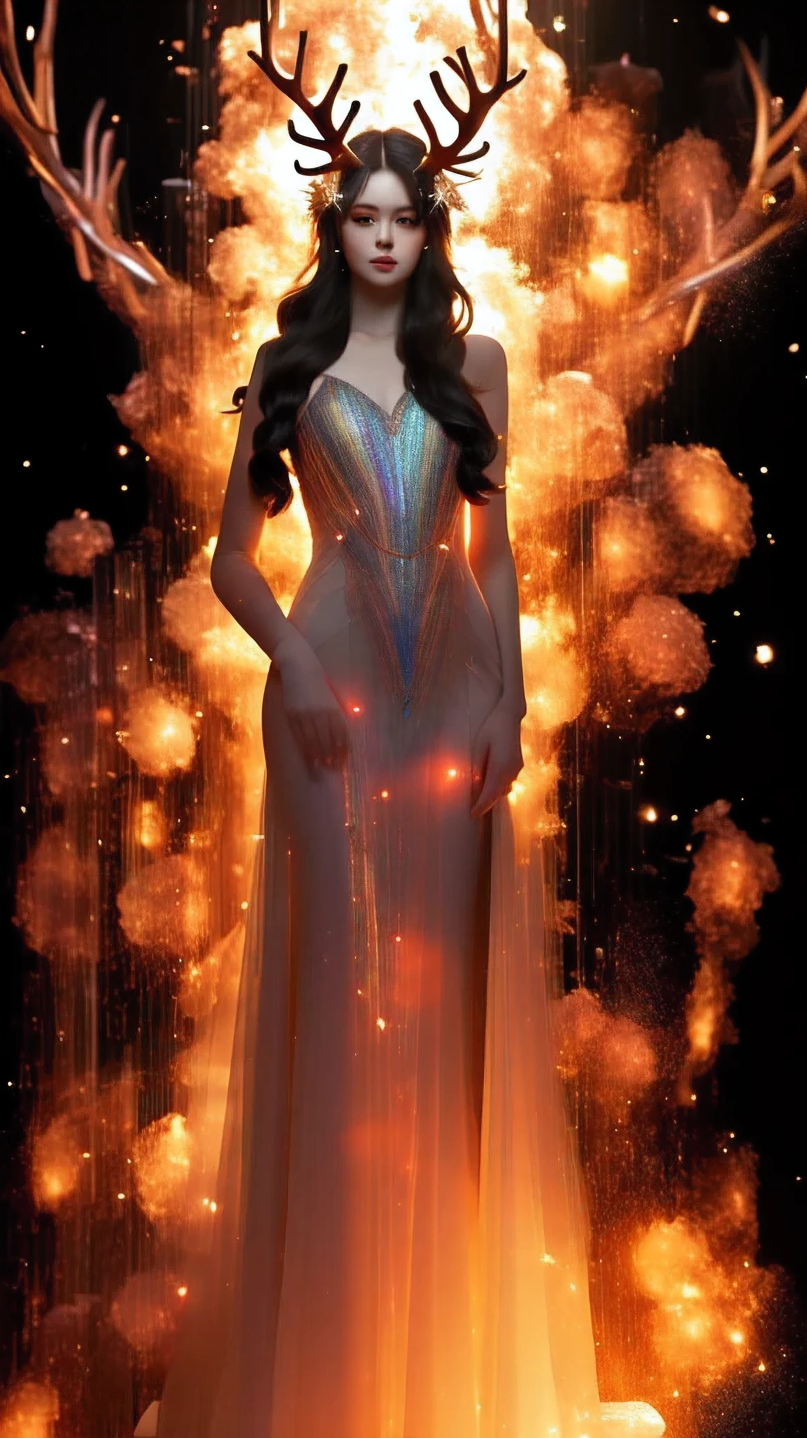 masterpiece,best quality,1girl,((full_body)),fantasy art,with huge glowing antlers on his head,a bright evening gown in a sparkling star-light,delicate creature armor,dopamine color,solo,long hair,a slender figure,looking at viewer,lips,bare shoulders,explosion effects,self-luminous,
masterpiece,best quality,1girl,full_body,solo,long hair,black hair,lips,bare shoulders,parted lips,explosion effects,self-luminous,iridescence:1.2,jewelry,long hair,
