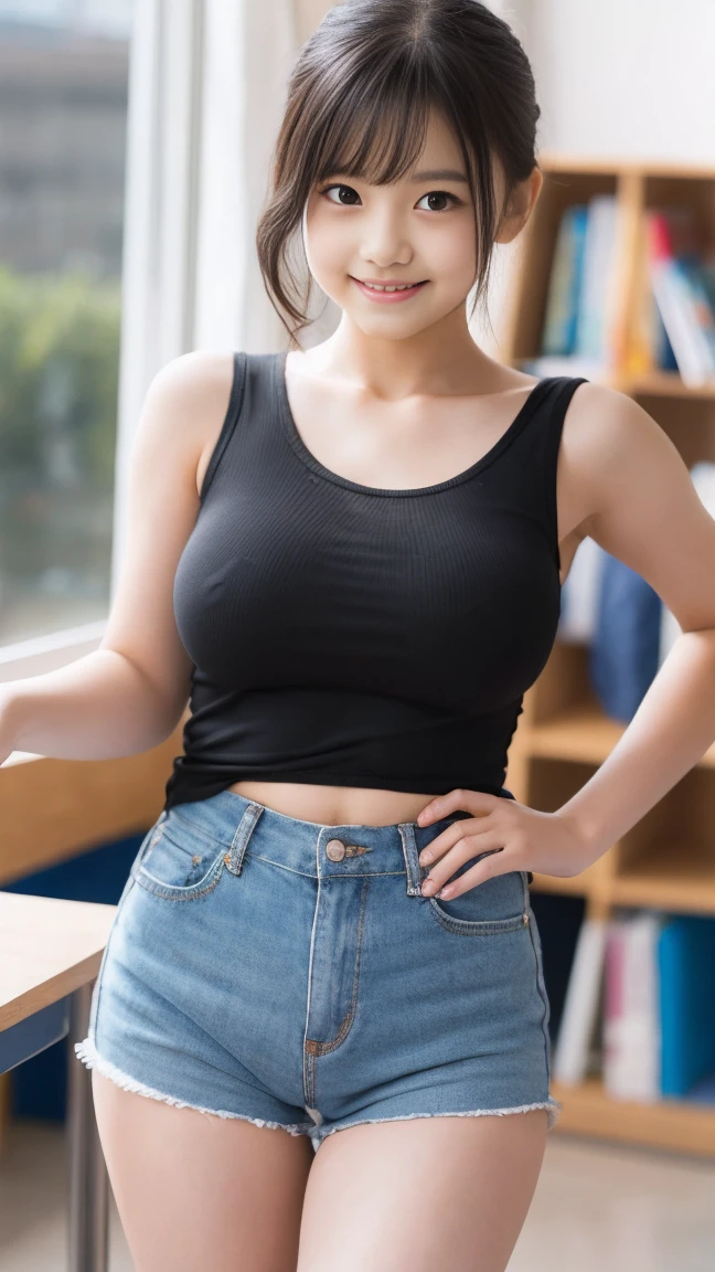 masterpiece, highest quality, 8K, Young beautiful girl, Baby Face、Clothed Big 、((Large Breasts:1.3)), photo shoot, Cute face, Thighs, Classroom after school, Embarrassing、smile、No makeup, Ten generations, Detailed face, Background bokeh、(((((())))))、Narrow waist、Tank top、dolphin shorts, thighhighs, wet,see through, looking back, pantylines
