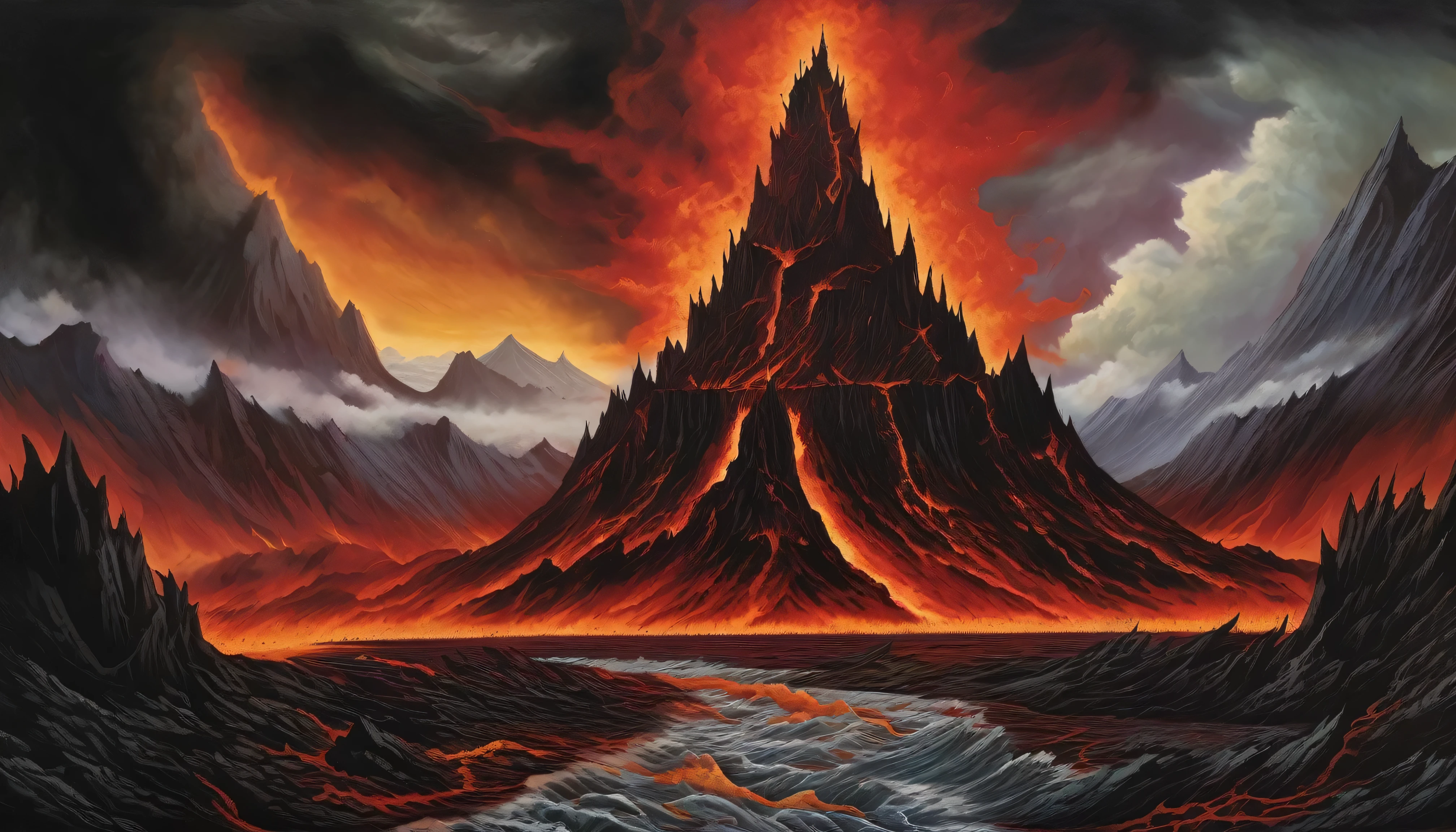 The cover art for a metal band's album, showcasing a hellish landscape with jagged mountains, rivers of lava, and a towering fortress, ominous clouds swirling overhead, evoking a sense of doom and despair, Artwork, acrylic painting on canvas