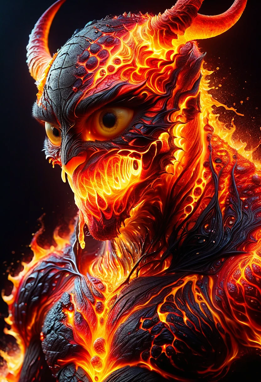 Lava Demon, ral-lava, LavaRay, Demon made entirely of lava, Close-Up Microportrait: "Cute Baby Burning Crystal Magma Demon Hatchling: Glowing Lava Droplets"- "(Lamp Inferno)": Telephotography by Stephen Gammell - Gabriel Pacheco - Naoto Hattori - Joan Miró - Russ Mills - Minjae Lee - Chalida Mingmalee - Gustave Doré - Anna Dittmann - Jordan Grimmer - Dianne Briggs - Jasmine Becket-Griffith - Karol Bak - Tim Burton