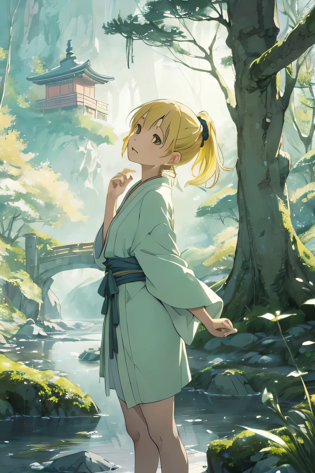 (masterpiece:1.21),(illustration:1.1),best quality,delicate details,refined rendering,(Menga style:1.21),(Toon style:1.33),8k,toon style,(Japan anime:1.21),1girl,solo girl,solo, Chihiro Ogino should be the focal point of the illustration, positioned in the foreground with a confident or determined expression, Emulate the distinct Ghibli Studio aesthetic, characterized by detailed linework, expressive characters,playful expressions,Stylish Pose,portrait,soft lighting,front light,volumetric lighting,Bright yellow Hair,earrings,necklace, and lush backgrounds,background should feature a solid color inspired by the visual palette of Studio Ghibli films, such as soft pastels, earthy tones, or atmospheric blues,Incorporate iconic elements from Spirited Away, such as the bathhouse, mystical creatures, or symbolic motifs like the spirit world river,elements of nature or fantastical imagery,nsure a balanced composition between Chihiro and the background, with attention to detail in character design and background elements