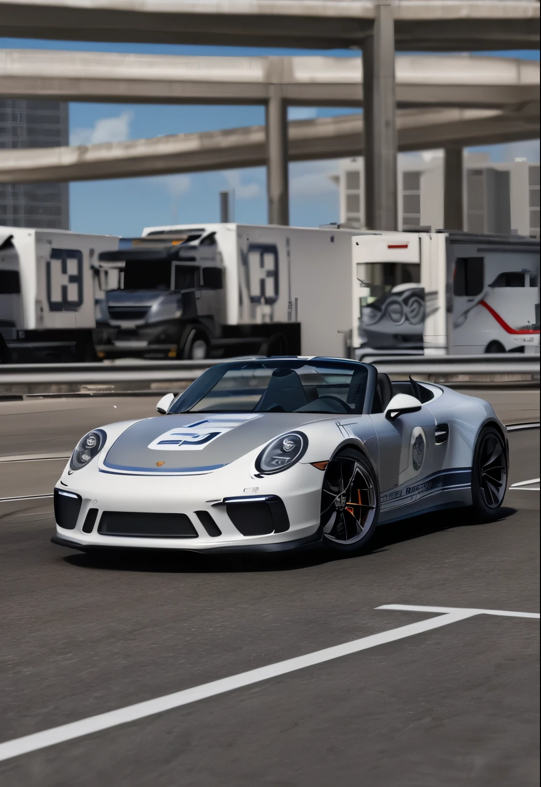 There is a white sports car driving on the road, porsche gt 3 in hawaii city, speedster, porch, Roadster, porsche, porsche 911, porsche 9 1 1, Enable ray tracing, hyper photorealistic raytracing, full view of a sport car, The epitome of a sports car, Vehicle Photography, hyper photorealistic raytracing、No change to vehicle shape、背景reality化、reality、No change to vehicle shape和颜色、hyper photorealistic raytracing