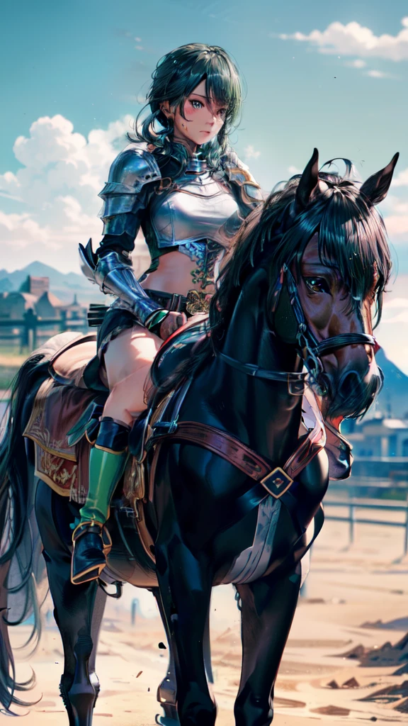 ((best quality)), ((anime masterpiece)), (detailed), cinematic lighting, anime color, vivid color, 8k, perfect face, medium breast, a female knight riding a walking black horse on desert, (medium hair, hair, above shoulder,{green hair}, green armor, blue miniskirt, blue boots, sweating face), (black horse {black hair}, saddle, stirups, reins: 1.5)++, heat, scenery, from side: 1.5, perfect anatomically,
