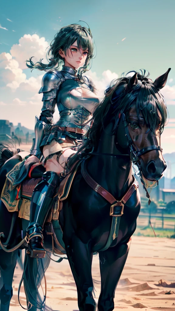 ((best quality)), ((anime masterpiece)), (detailed), cinematic lighting, anime color, vivid color, 8k, perfect face, medium breast, a female knight riding a walking black horse on desert, (medium hair, hair, above shoulder,{green hair}, green armor, blue miniskirt, blue boots, sweating face), (black horse {black hair}, saddle, stirups, reins: 1.5)++, heat, scenery, from side: 1.5, perfect anatomically,
