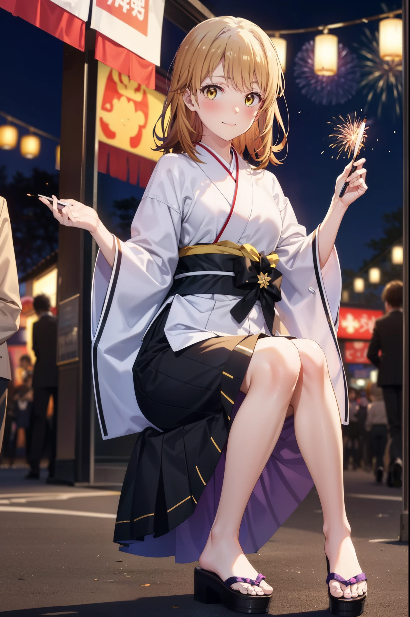 irohaisshiki, Iroha Isshiki, Long Hair, Brown Hair, (Brown eyes:1.5), smile,Yellow kimono,Thick sleeves,Long skirt,White tabi,Sandals,日本のFestivalり,夏Festivalりの屋台,Red lantern,Fireworks in the night sky、Fireworks,The place is a fireworks display,Time is night,sunny day,whole bodyがイラストに入るように,歩いている
break outdoors, Festival,
break looking at viewer,whole body,
break (masterpiece:1.2), highest quality, High resolution, unity 8k wallpaper, (figure:0.8), (Beautiful fine details:1.6), Highly detailed face, Perfect lighting, Highly detailed CG, (Perfect hands, Perfect Anatomy),