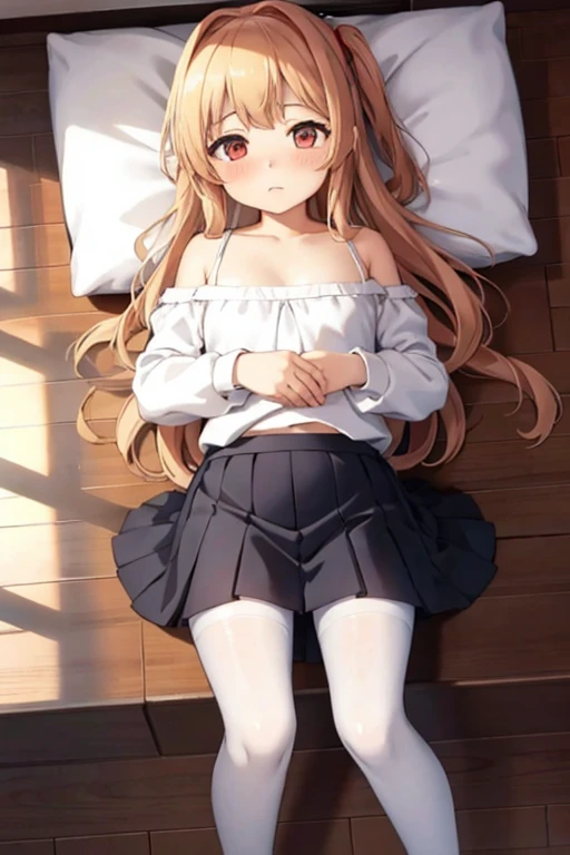 Top quality,Ultra-detailed CG art,big eyes,masterpiece, Exposing the whole body,1 Girl,Girl,short and small,Flirty,Red eyes, Blonde long hair, Wear a white blouse,Wearing a black pleated skirt,White fat,Lying on the bed with bare shoulders, bedroom, Shy, blush,exposed,White pantyhose,No shoes,Show your toes