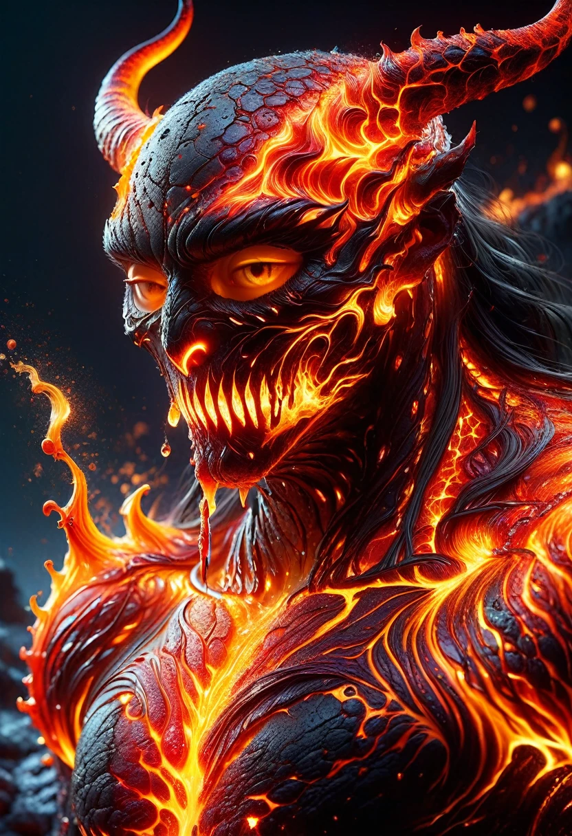 Lava Demon, ral-lava, LavaRay, Demon made entirely of lava, Close-Up Microportrait: "Cute Baby Burning Crystal Magma Demon Hatchling: Glowing Lava Droplets"- "(Lamp Inferno)": Telephotography by Stephen Gammell - Gabriel Pacheco - Naoto Hattori - Joan Miró - Russ Mills - Minjae Lee - Chalida Mingmalee - Gustave Doré - Anna Dittmann - Jordan Grimmer - Dianne Briggs - Jasmine Becket-Griffith - Karol Bak - Tim Burton