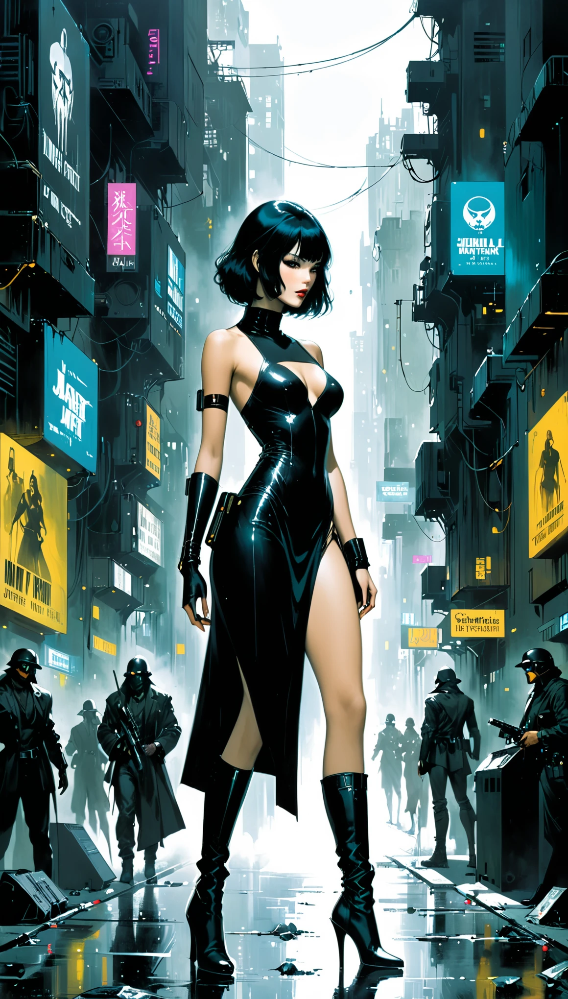 in style of Jeffrey Catherine Jones,Jama Jurabaev ,in style of Jae Lee,girl，Black market in the back streets of a cyberpunk metropolis，