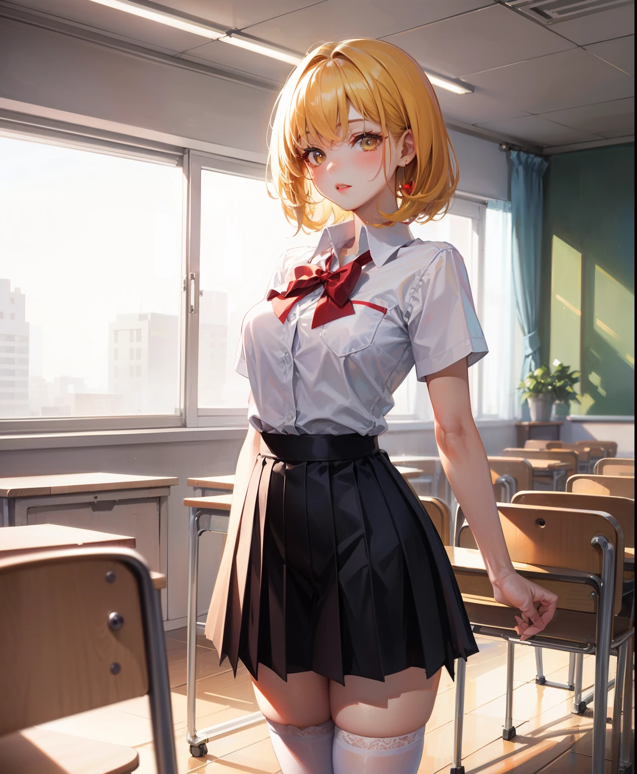 Dynamic posing, dynamic angle, Arrange pose,Top quality work,Show Legs,(short golden hair),(golden eyes), lovely red lips, Rose cheeks, Pretty Face, A perfectly proportioned face, school shirt with red bow and black skirt, (school uniform), white stockings,in classroom,full-body view, amazing, Large round chest、Beautiful eye details、Beautiful eyelashes、beautiful double eyelid, with blush cheeks, talking to viewer